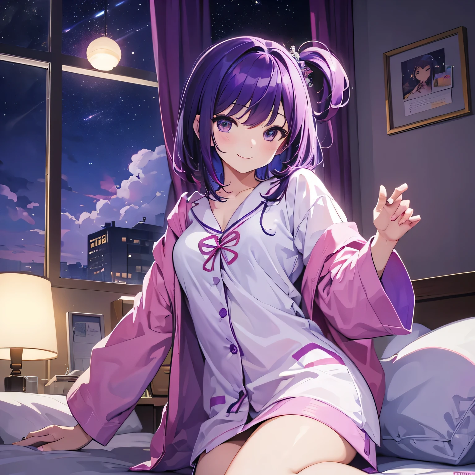 (T Masterpiece，4K wallpaper，Best Quality))、((girl１people))、(solo)、Bright and Brilliant，(Purple Hair)、(Shortcuts:1.3)、smile、Bedroom、pajamas、night