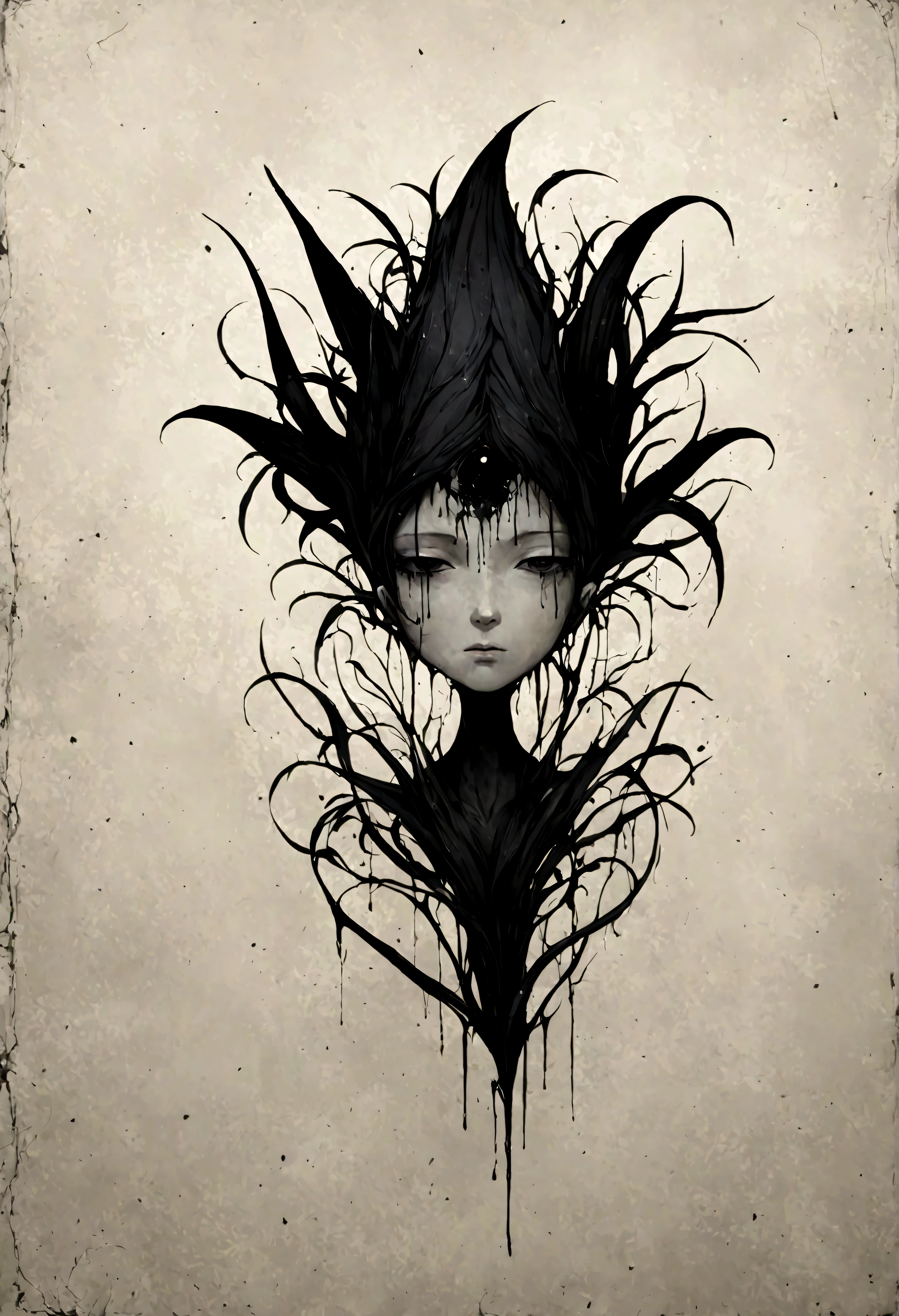 Create a simple and elegant plant witch logo,nature, shedding niobium tears. The design should convey a strong sense of sadness and melancholy, using a minimalist approach with clear ugly lines and using only deep matte black, nicola samori,ben templsmith,Irina Yermolova