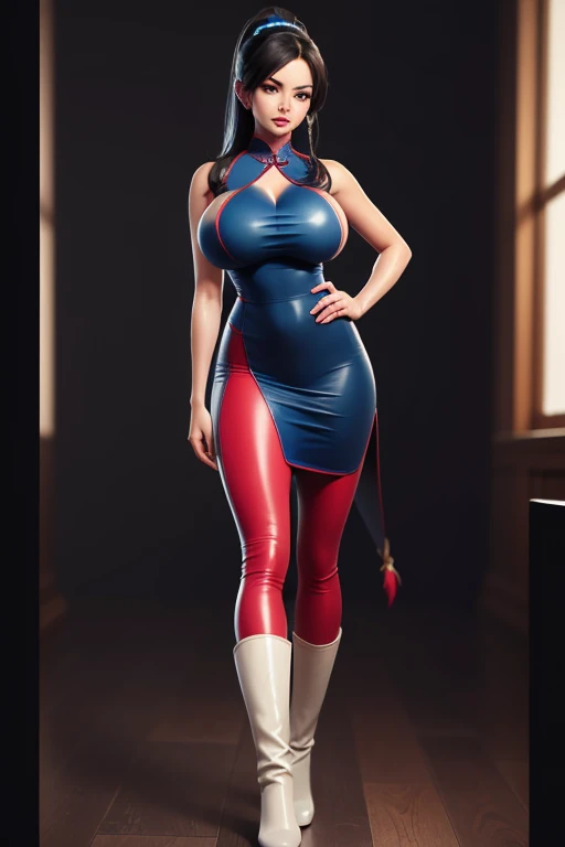 (aletta ocean indeed), Generate mature illustrations (who so), Dragon Ball,  Ponytail,  Wearing a black suit, long hair, Hair hanging vertically, black hair, (Huge breasts:1.2) (((Cleavage))), Anime style blue clothing，Serious style, ((cheongsam)), Blue leggings, Brown boots, Gothic Makeup, masterpiece, ((Dim Lights)), black background, puffy lips,Slim abdominal muscles, Pretty Face,