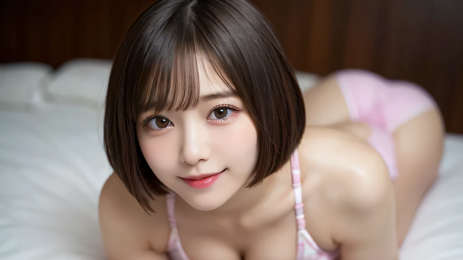 Tabletop, highest quality, (underwear、White or pink、bikini、Description of the whole body、M-shaped split、Showing pussy、Make your nipples erect 1.6)shape, Very detailed, In detail, High resolution, 8k wallpaper, Perfect dynamic composition, Beautiful details, , Natural color lip, Sexy pose,smile,Harajuku、Bobcut、20-year-old girl、cute、Looking into the camera