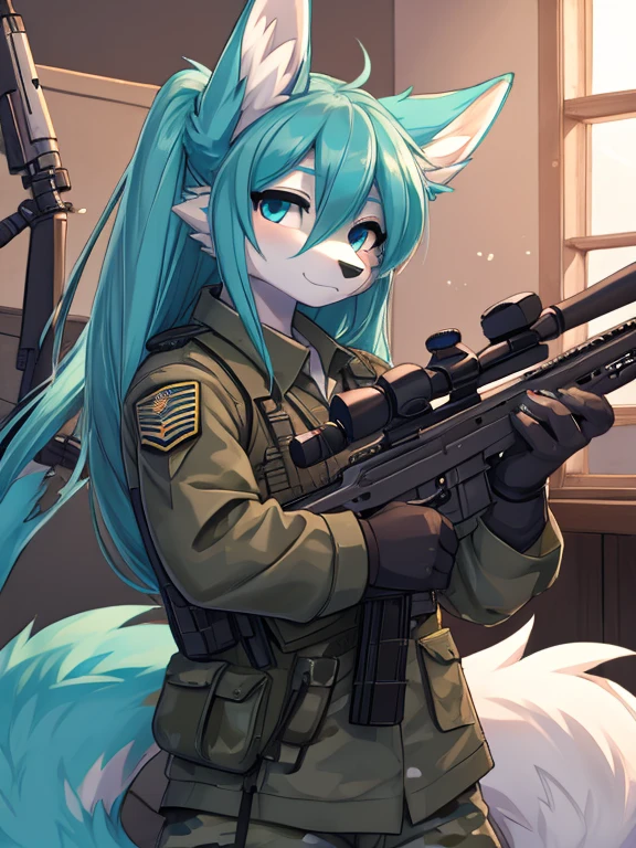 Miku Hatsune, alta definicion, orejas de kitsune, white body, fluffy tail, military, give up sniper rifle