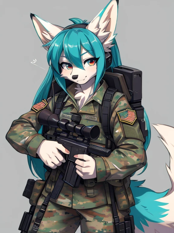 Miku Hatsune, alta definicion, orejas de kitsune, white body, fluffy tail, military, give up sniper rifle