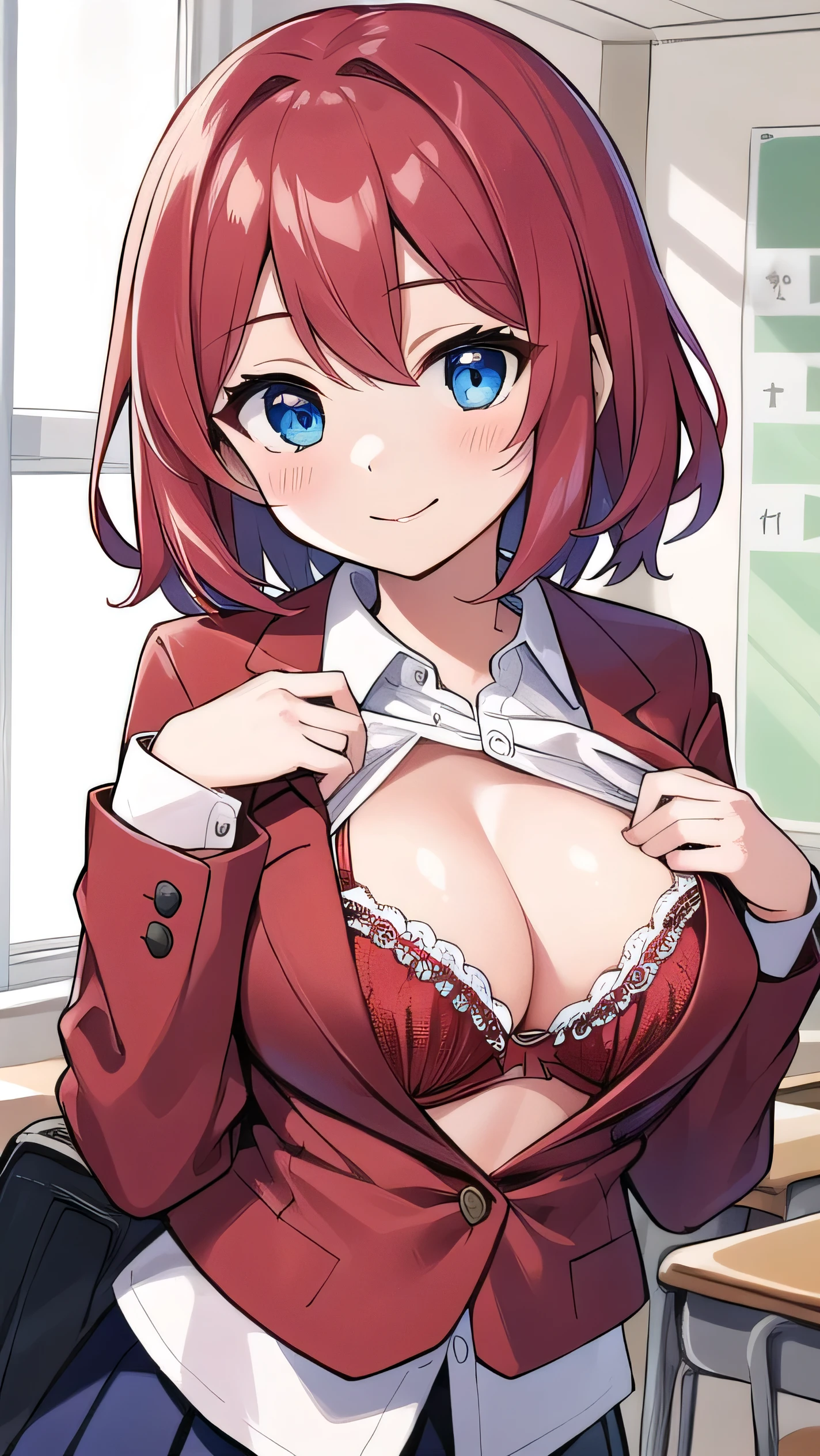 Big breasts, red hair, blue eyes, droopy eyes, red jacket, long sleeves, navy skirt, elementary school student, super big breasts, (medium hair: 1), baggy clothes, elementary school student, young face, short height, , old, shy Agari, smiling a little, trying to unbutton his shirt in the classroom, white shirt, soft hair,her bra is visible, (a red bra:1.5)