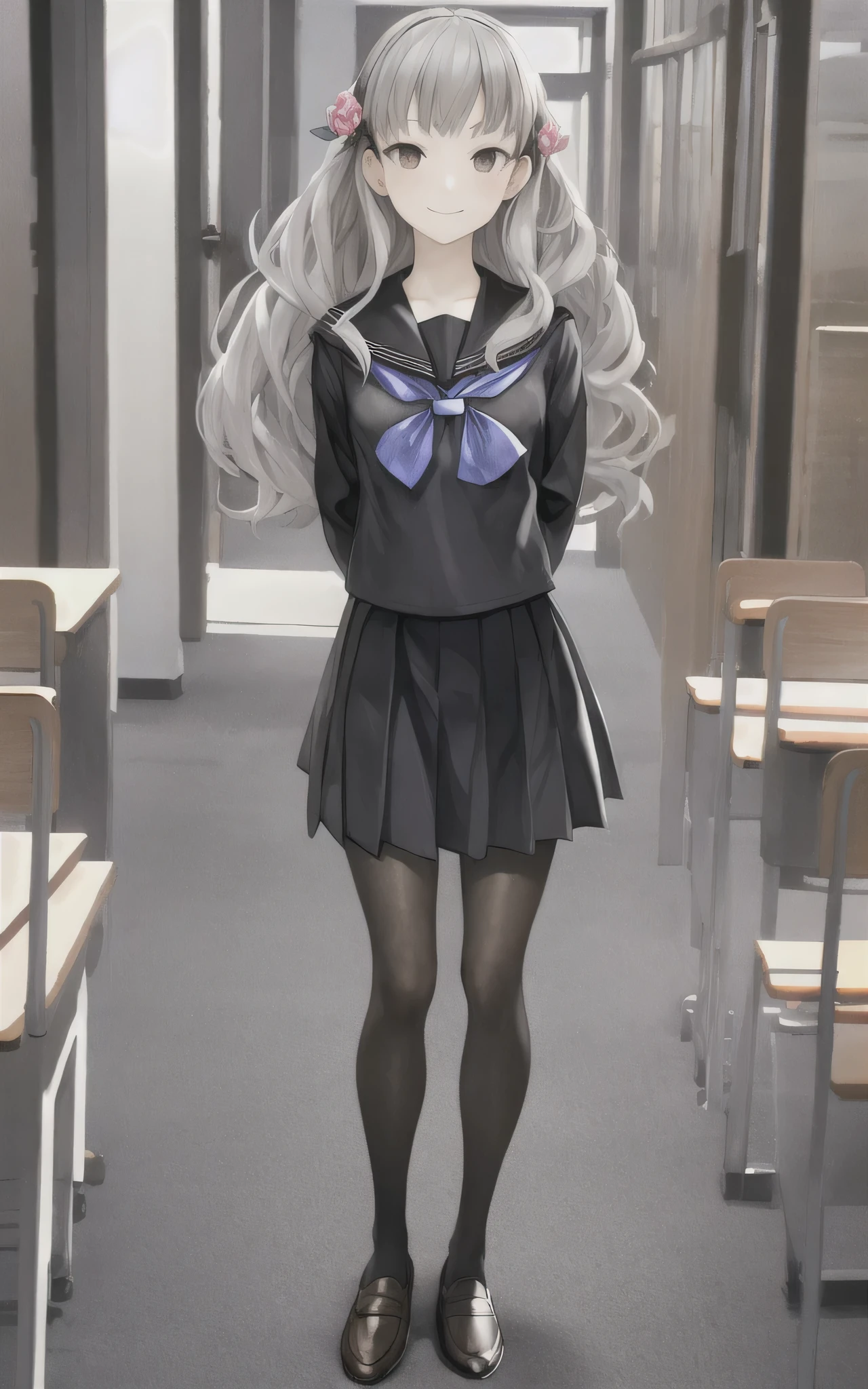 masterpiece, best quality,Iori Fuyusaka 1, 1 woman, alone, hair flower, , headdress, flower, skirt, long hair, serafuku, shoes, whole body, loafers, pleated skirt, black skirt, gray hair, white flower, standing, gray eyes, outline, both arms behind back, long sleeves, looking at viewer, black pantyhose, smile, shameful face, Highly detailed classroom background