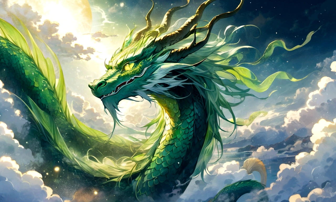 Emerald green dragon god, gentle gaze, fantastic background, moonlight background, sea of ​​clouds background, golden splashes, mysterious, sacred light, mythical creature, traditional Chinese dragon, mythology, speckled light, hazy haze, mysterious aura, masterpiece, fantastic and graceful dragon, good luck, fantasy art