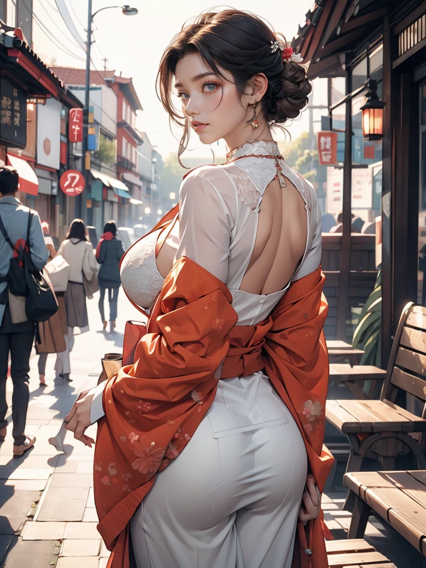 (8K, RAW photos, best quality, masterpiece:1.2), (realistic, photo-realistic:1.5)、(1 woman), 26 year old Japanese woman、hair is gray、Eye color is dark blue、blush with shame, high definition face, (Curly short hair)、My chest sticks out、huge breasts, exploding breasts, Sagging breasts due to gravity, sit down and show your ass, milky thighs, outdoor, libido, cosplay outfit,