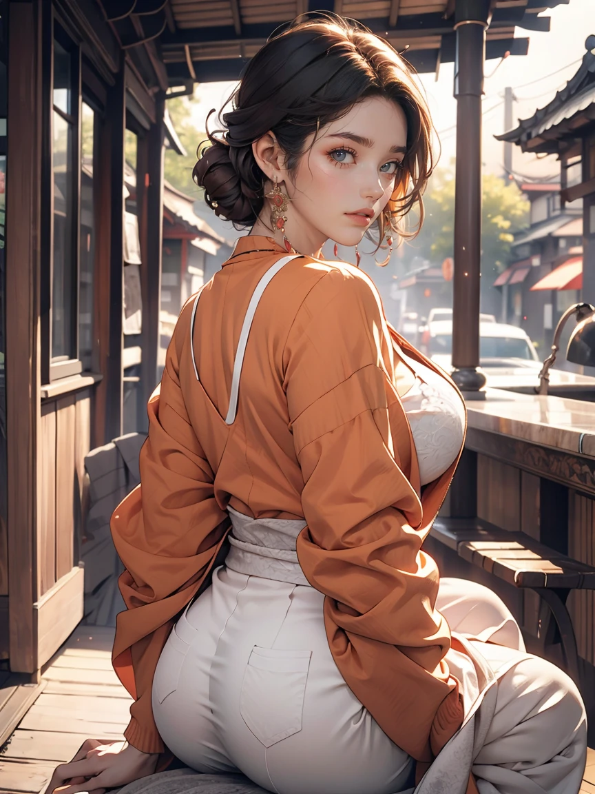 (8K, RAW photos, best quality, masterpiece:1.2), (realistic, photo-realistic:1.5)、(1 woman), 26 year old Japanese woman、hair is gray、Wearing modern clothing. Eye color is dark blue、blush with shame, high definition face, (Curly short hair)、My chest sticks out、huge breasts, Sagging breasts due to gravity, show me your ass, milky thighs, outdoor, full body,