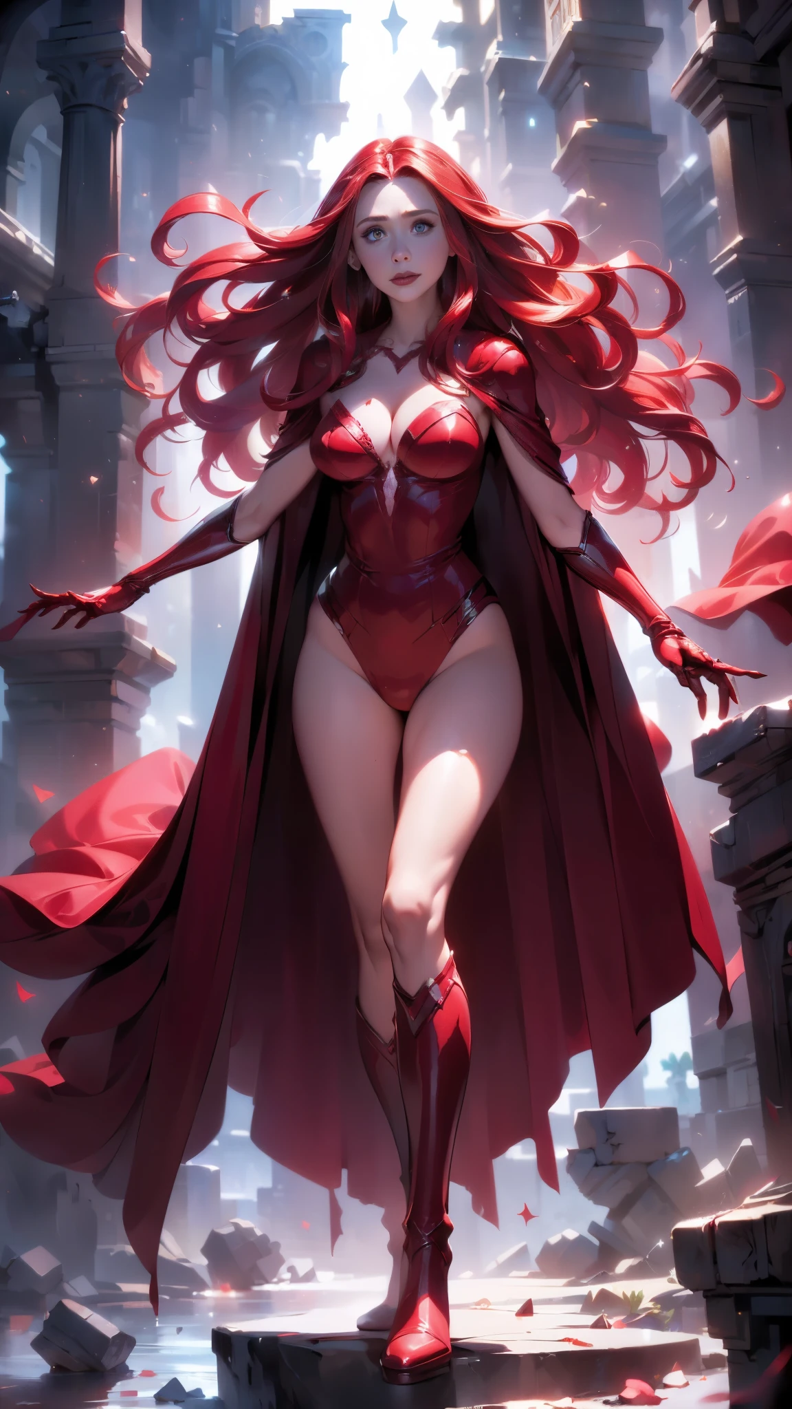 best quality,ultra-detailed,realistic,(sexy scarlet witch) ,beautiful detailed eyes, beautiful detailed lips,( long red hair:1.4) , (witch costume:1.4) , glowing magical powers, intense gaze, confident posture, dark and mysterious background, vibrant colors, enchanting art style, dramatic lighting, ,(Fondo de ruinas de mazmorra en ruinas cyberpunk :1.4 ),( Scarlet Witch:1.4), (perfect anatomy :1.4),( cinematic lighting :1.4), score_9, score_8_up, score_7_up, score_6_up, rating_explicit, 1girl, ((18YO:1.2)), Adult, full lips, big clear eyes, light blue eyes, (( hair:1)), (long wavy hair: 1.2),(Elizabeth Olsen:1.4), (Elizabeth Olsen V2.1), (face detailed :1.4), ,(Fondo de ruinas de mazmorra en ruinas piedras grandes :1.4 ), (estilo encaje lingerie red:1.4),( perfect anatomy V2.1), (dynamic cowboy pose) 