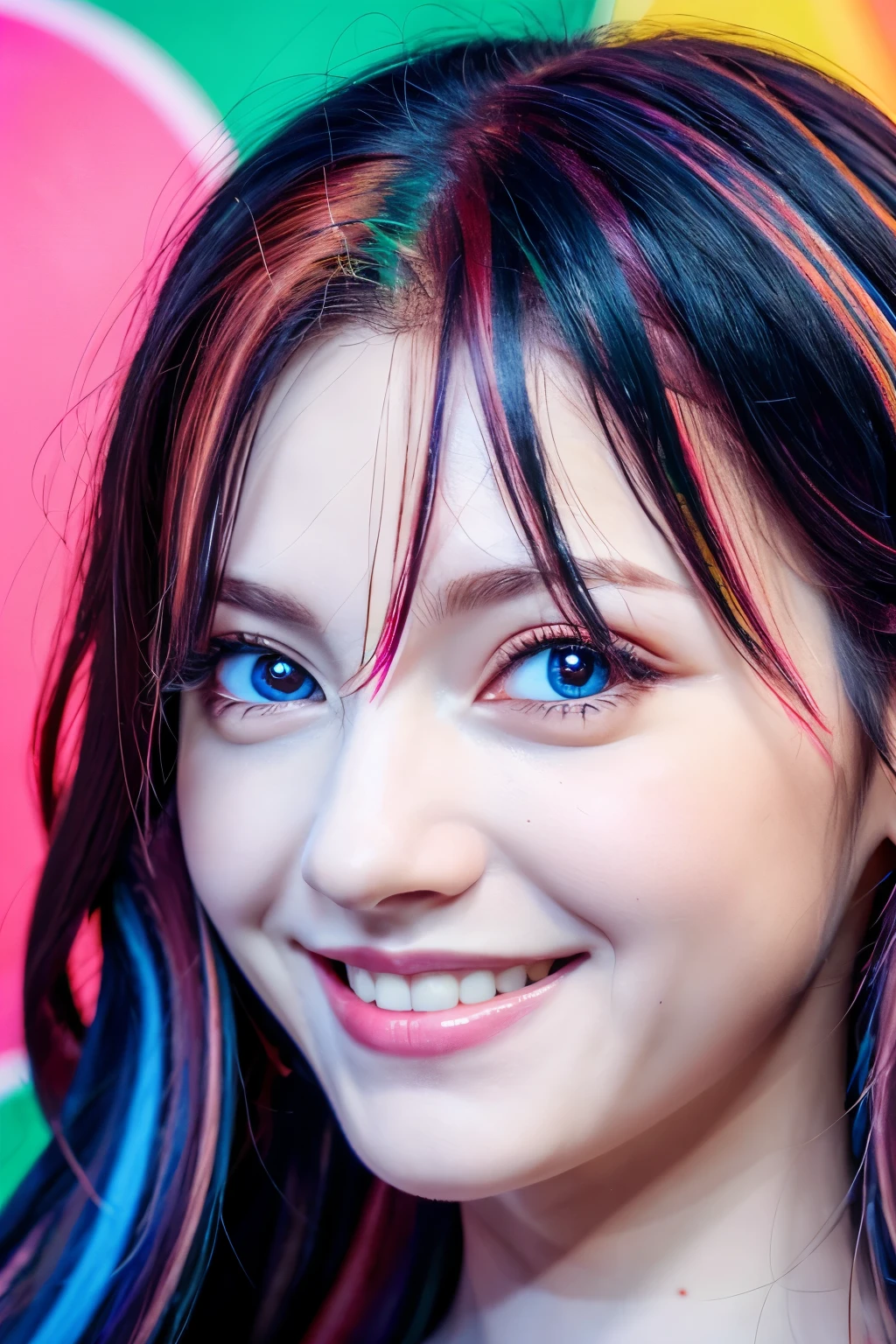 black hair, long eyelashes, light smile, tusk, striated hair, multicolored hair, colored inner hair, red hair, hair clip, mole under eyes, incompatible pupils, empty eyes, empty eyes, dilated pupils, heart-shaped pupils, smiling, shadow, anaglyph, depth of field, motion blur, brightness, color field painting, anime style, 8k, super detail,  best quality, UHD, 8k  