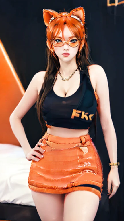 (Surreal,32k,RAW photos:1.1),, (High Detail Skin:1.1), 8K Ultra HD, Digital SLR Camera, ((Bedroom background)), ((Animal ears)), ((Orange eyes)), high quality, ((Black Sports)), ((Pretty Face)), ), ((Gold miniskirt)), Film Grain, ((Glasses)), ((Above the knee)),, (long hair), ((Sexy face)), (cosmetic, mascara:1.1) , Lips,(Thick\Lips\), (shiny translucent clothes:1.1), haze, Huge breasts, (((Cleavage))) ((Upper body photo)), Standing cross-legged,