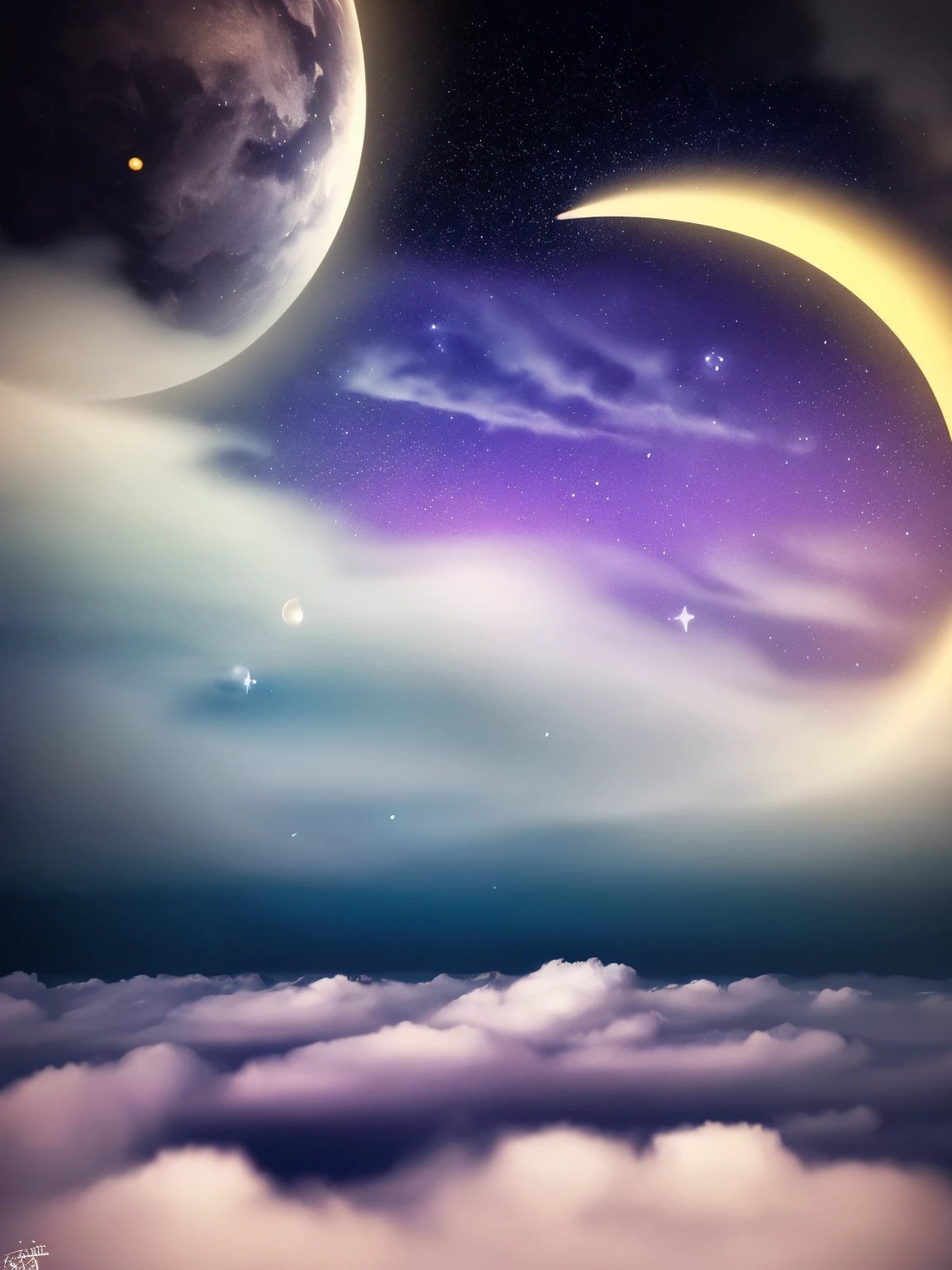 a view of a night sky with a crescent above the clouds, a matte painting by Shi Rui, flickr, space art, extremely beautiful and ethereal, fog and starry skies, glowing clouds, dreamy night, colorful night sky, beautiful night sky, foggy night sky, glowing colorful fog, incredibly ethereal, very magical and dreamy, ✨🕌🌙, dreamy sequence