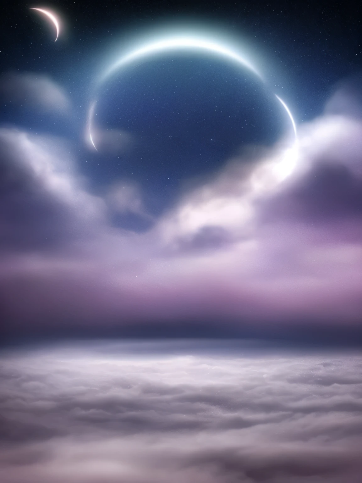 a view of a night sky with a crescent above the clouds, a matte painting by Shi Rui, flickr, space art, extremely beautiful and ethereal, fog and starry skies, glowing clouds, dreamy night, colorful night sky, beautiful night sky, foggy night sky, glowing colorful fog, incredibly ethereal, very magical and dreamy, ✨🕌🌙, dreamy sequence