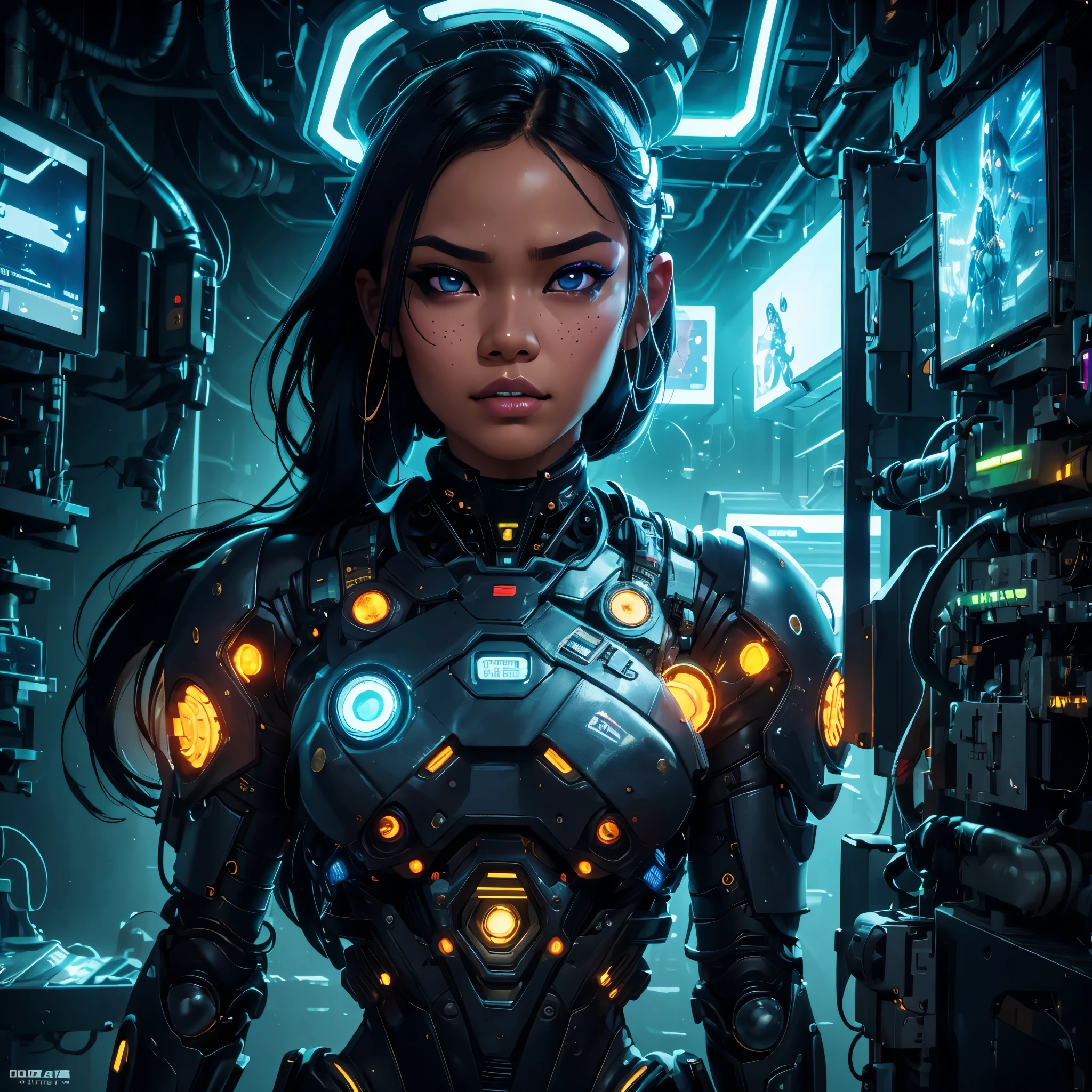 cyberpunk indonesian girl, cyborg, intricate machinery, advanced technology, detailed facial features, beautiful eyes, full lips, intricate headdress, robotic arms, glowing energy effects, neon lights, dark futuristic cityscape, moody lighting, cinematic composition, photorealistic, (best quality,4k,8k,highres,masterpiece:1.2), ultra-detailed, (realistic,photorealistic,photo-realistic:1.37)
