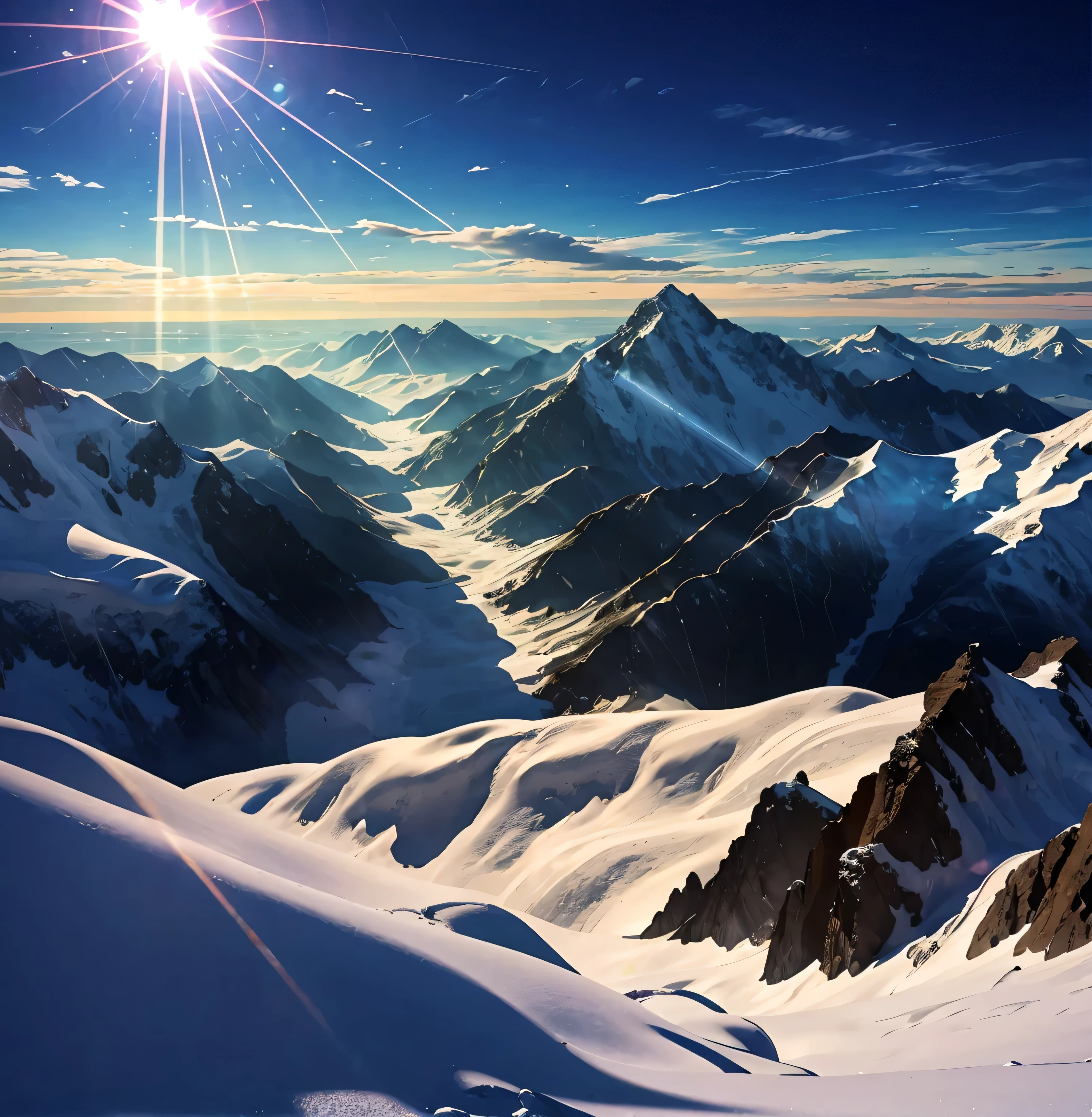 Several violent lightning strikes in the dark clouds、Rugged Mountain々、Mysterious ancient ruins and stone statues can be found in the Mountains.、、Mountain々The light reflected on the lake surface between、Seven photos with beautiful contrasts of light、Magnificent sea of clouds、wood々、The mountain was covered with snow々、sunny、Lots of lens flares、The morning sun shines brightly、The morning sun shines brightly、(Ultra-realistic:1.2), High resolution, (Bright colors, High resolution:1.1), (Sharp focus:1.1), (Physically Based Rendering:1.1), Tyndall effect, Colorful lights, (((Light shines through the gaps in the clouds))), Beautiful perspective, Contrasting Shadows, Moving configuration, Realistic landscape, unique configuration, Soft texture, Intricate details, Mysterious atmosphere, An artistic exploration of light and shadow,Golden dazzling light、A world view that captivates all who see it、The world of nature、View from 3000m above sea level