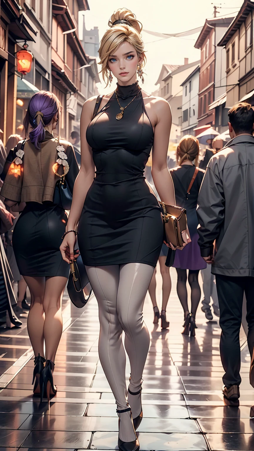 Very beautiful 22 year old Caucasian woman、Supermodel proportions、Hair Color: Blonde、Blue Idium Hair、Straight hair、Purple inner color((Inner hair color))、Split Ponytail((Split Ponytail))、Wear a high-necked zippered dress、Large Breasts、Tight waist、Wear leggings、Wearing high heels、In the cobblestone streets of the old town