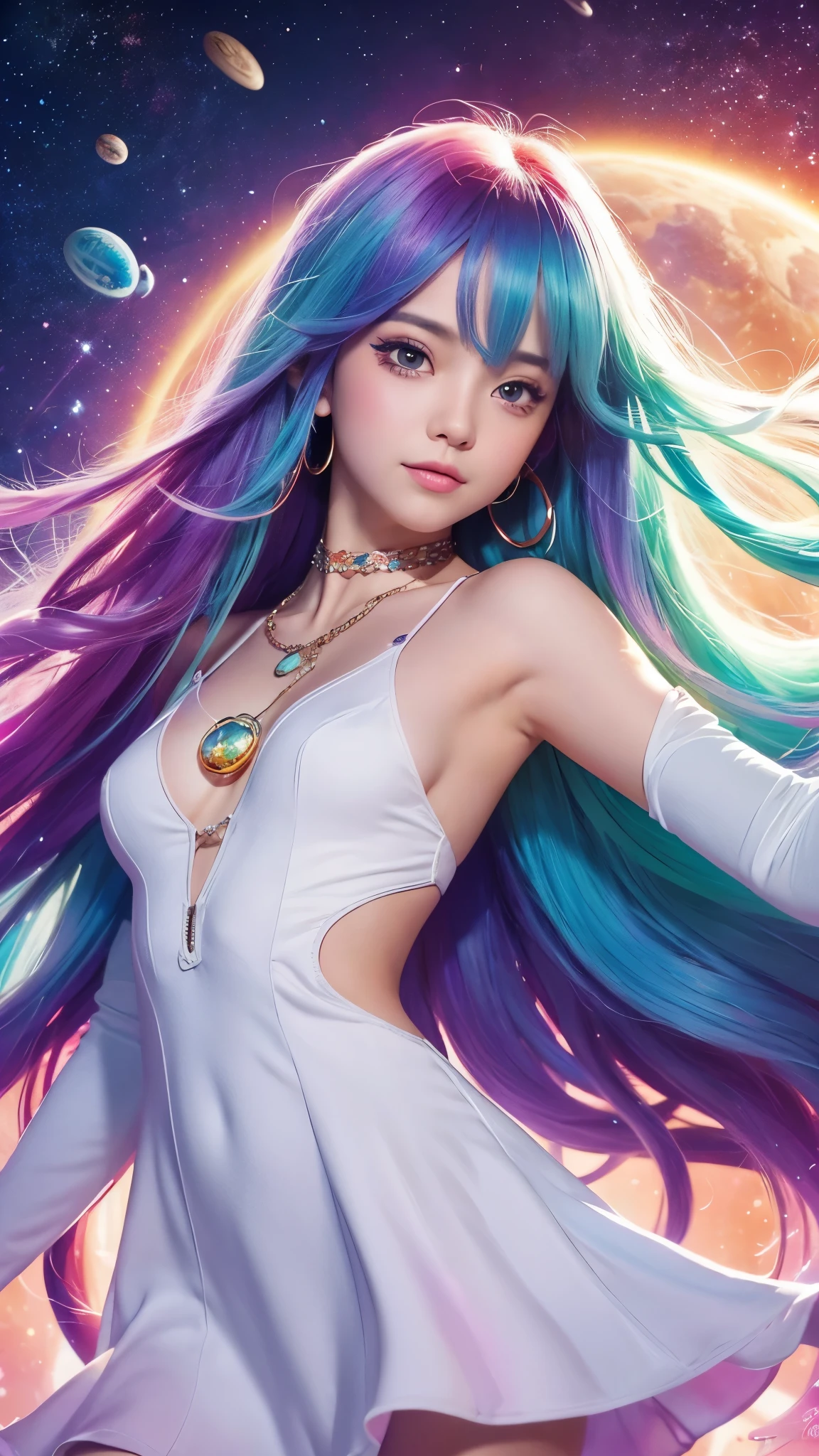 Close-up of a woman with colorful hair and necklace, Anime girl with space-like hair, Soft vitality of Ross Dres, Gubes-inspired artwork, Fantasy art style, colorful], Vivid fantasy style, Ross draws vibrant cartoons, cosmic and colorful, Gweitz, colorful digital fantasy art, Great art style, Beautiful anime style, White skin, Spiderman Costume,
