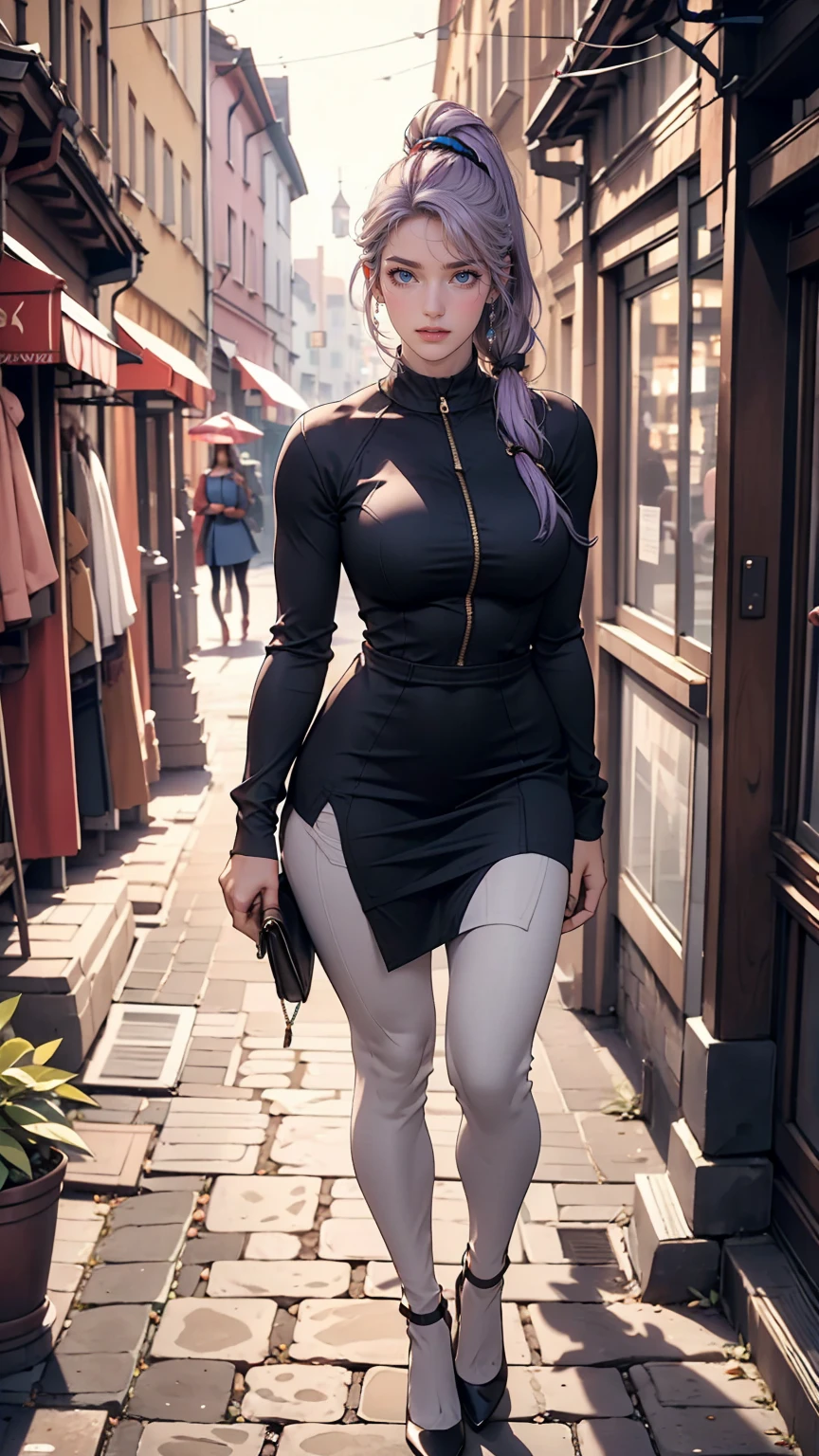 Very beautiful 22 year old Caucasian woman、Supermodel proportions、Hair Color: Blonde、Blue Idium Hair、Straight hair、Purple inner color((Inner hair color))、Split Ponytail((Split Ponytail))、Wear a high-necked zippered dress、Large Breasts、Tight waist、Wear leggings、Wearing high heels、In the cobblestone streets of the old town