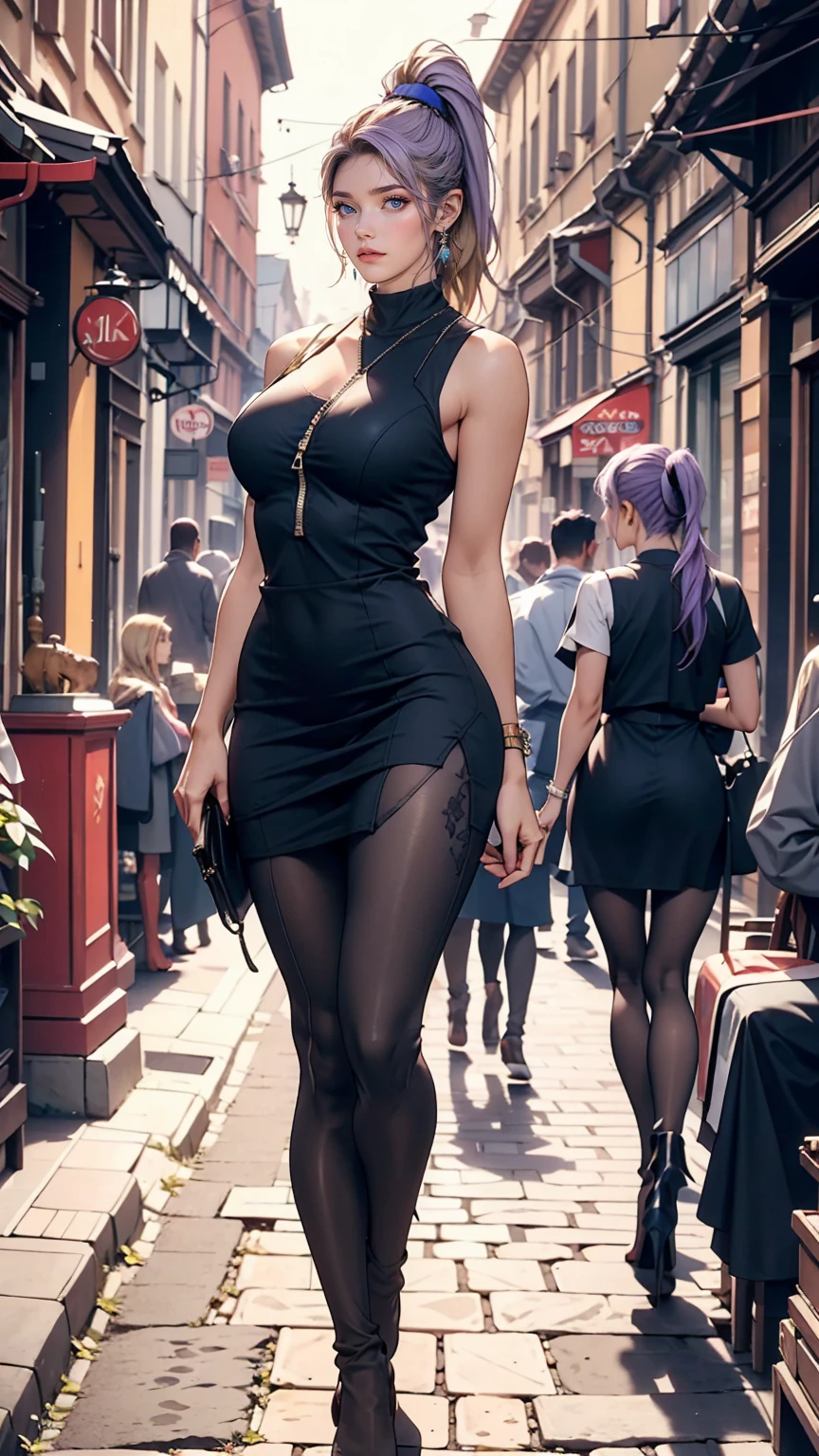 Very beautiful 22 year old Caucasian woman、Supermodel proportions、Hair Color: Blonde、Blue Idium Hair、Straight hair、Purple inner color((Inner hair color))、Split Ponytail((Split Ponytail))、Wear a high-necked zippered dress、Large Breasts、Tight waist、Wear leggings、Wearing high heels、In the cobblestone streets of the old town