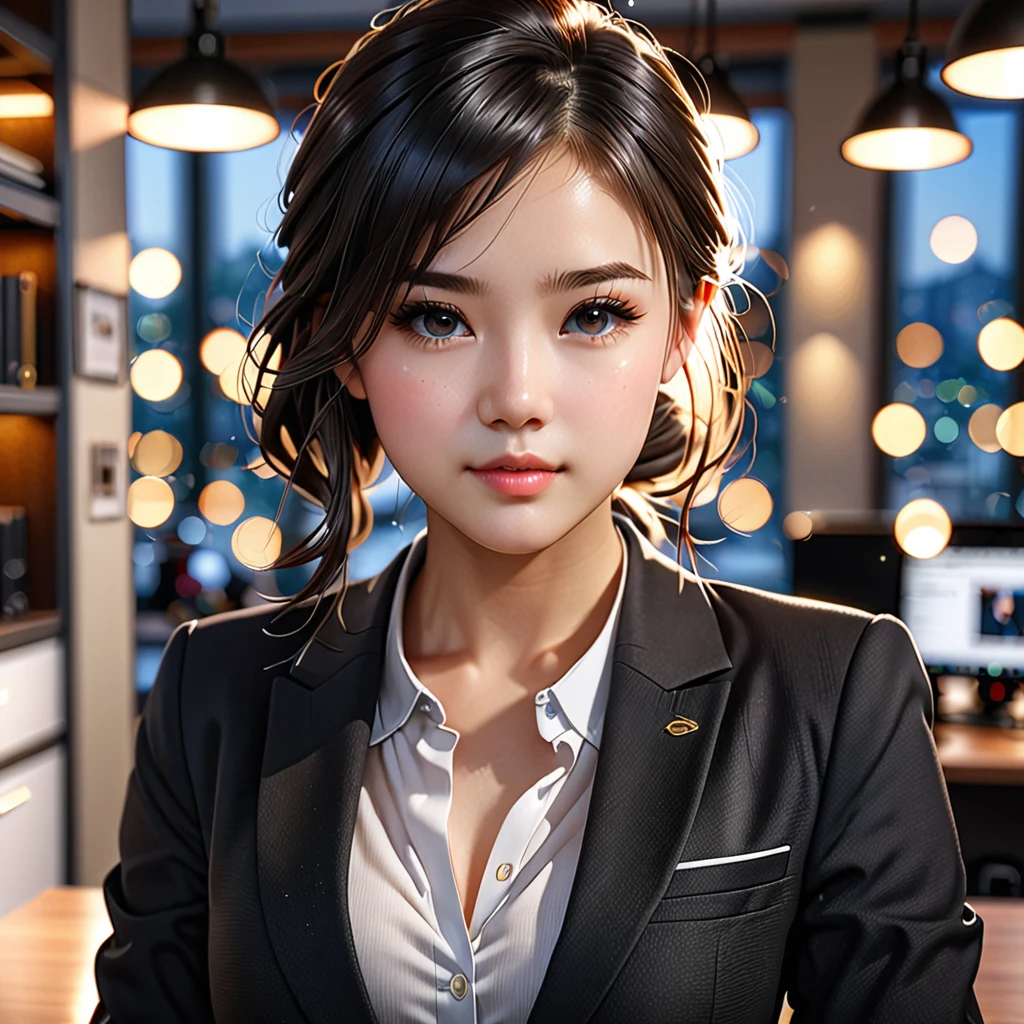 Top Quality, Masterpiece, 1 Girl, Beautiful Face, (Photorealistic Photos:1.3), Rim Lighting, (High Detail Skin:1.2), 8K UHD, DSLR, High Quality, High Definition, 4K, 8K, Bokeh, (Real: 1.3), Small Face, Cute One Girl, Black Formal Blazer, Middle Breast, Short Skirt,Office