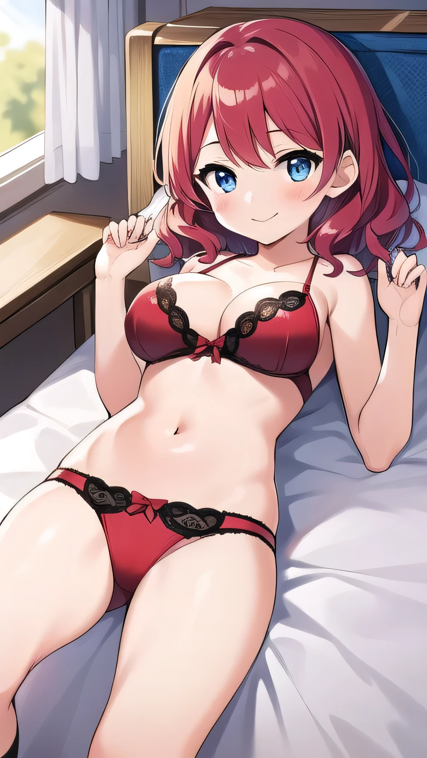Big breasts, red hair, blue eyes, droopy eyes, elementary school student, super big breasts, (medium hair: 1), elementary school student, young face, short height, , shy , smiling a little, soft hair,red Lingerie Set,bed,lying on back