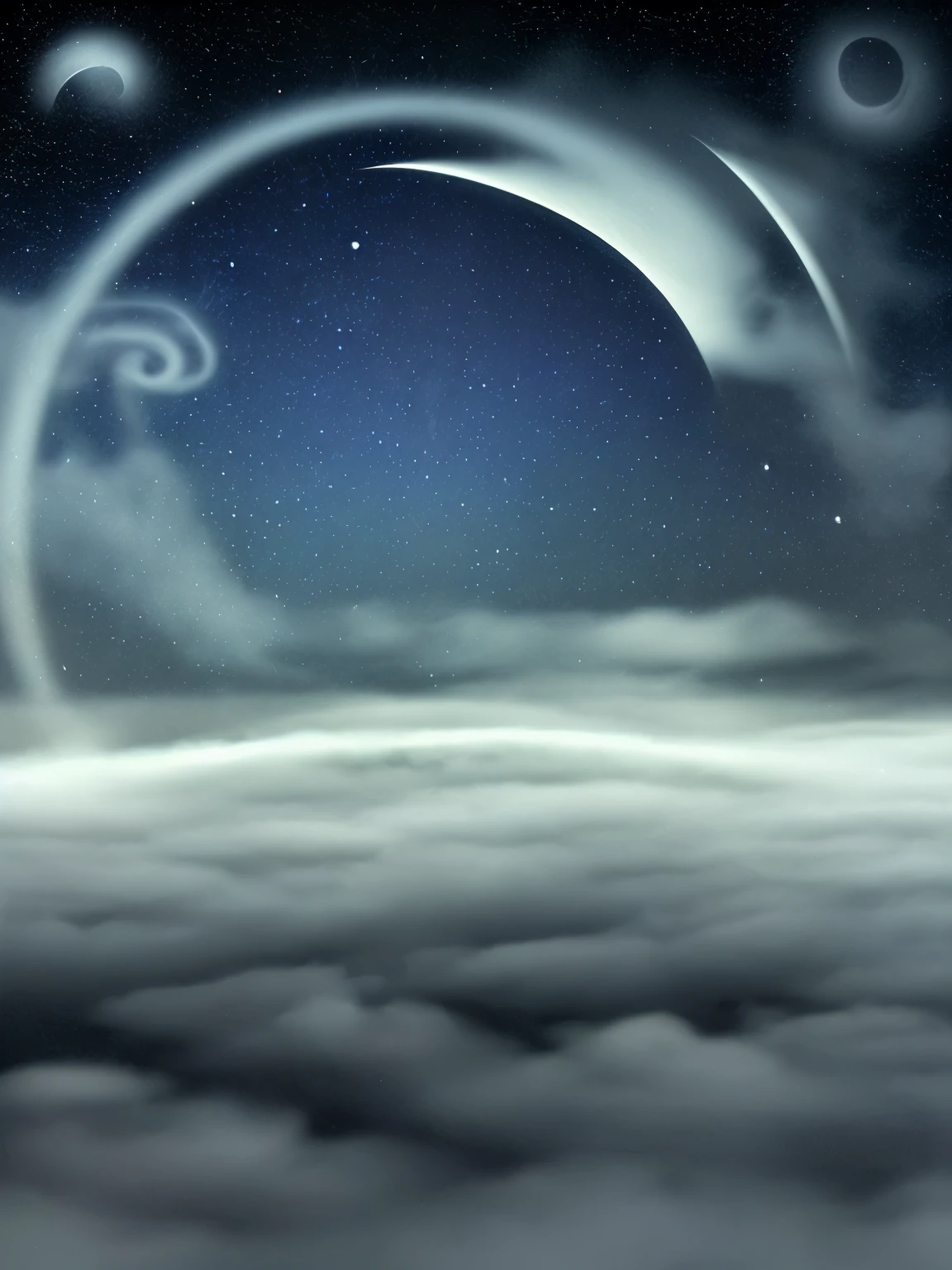a view of a night sky with a crescent above the clouds, a matte painting by Shi Rui, flickr, space art, extremely beautiful and ethereal, fog and starry skies, glowing clouds, dreamy night, colorful night sky, beautiful night sky, foggy night sky, glowing colorful fog, incredibly ethereal, very magical and dreamy, ✨🕌🌙, dreamy sequence