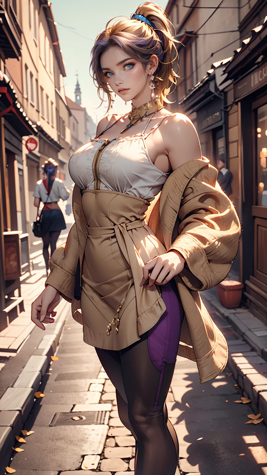 Very beautiful 22 year old Caucasian woman、Supermodel proportions、Hair Color: Blonde、Blue Idium Hair、Straight hair、Purple inner color((Inner hair color))、Split Ponytail((Split Ponytail))、Wear a high-necked zippered dress、Large Breasts、Tight waist、Wear leggings、Wearing high heels、In the cobblestone streets of the old town