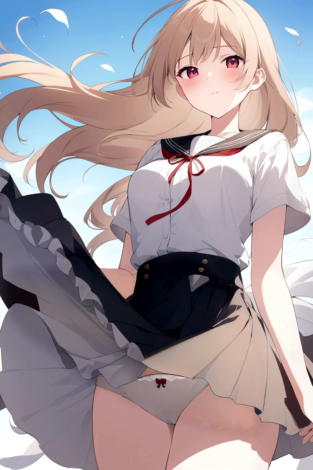 
The lining is visible　、White lace lining。A strong wind exposes her white cotton panties