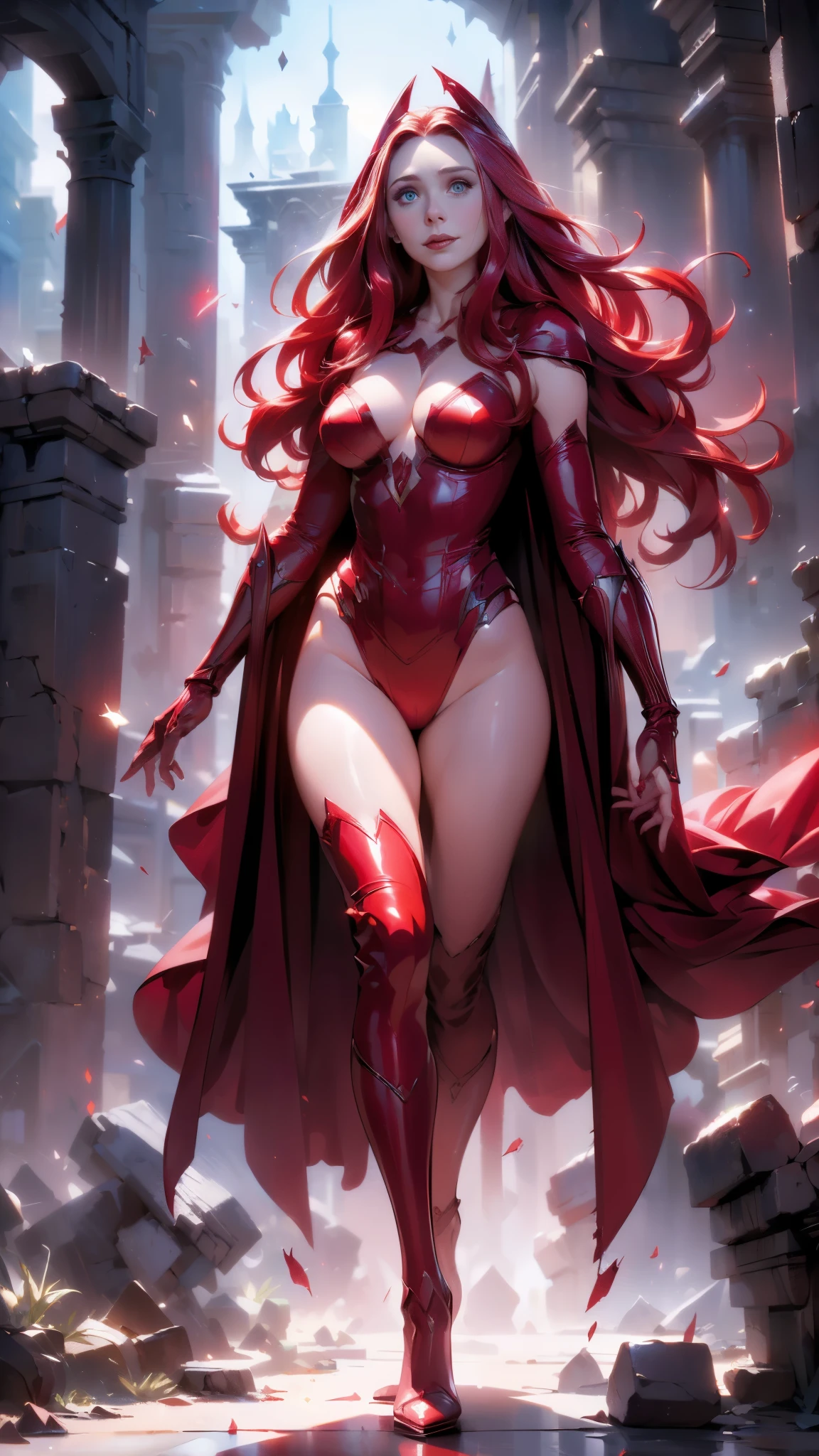 best quality,ultra-detailed,realistic,(sexy scarlet witch) ,beautiful detailed eyes, beautiful detailed lips,( long red hair:1.4) , (witch costume:1.4) , glowing magical powers, intense gaze, confident posture, dark and mysterious background, vibrant colors, enchanting art style, dramatic lighting, ,(Fondo de ruinas de mazmorra en ruinas cyberpunk :1.4 ),( Scarlet Witch:1.4), (perfect anatomy :1.4),( cinematic lighting :1.4), score_9, score_8_up, score_7_up, score_6_up, rating_explicit, 1girl, ((18YO:1.2)), Adult, full lips, big clear eyes, light blue eyes, (( hair:1)), (long wavy hair: 1.2),(Elizabeth Olsen:1.4), (Elizabeth Olsen V2.1), (face detailed :1.4), ,(Fondo de ruinas de mazmorra en ruinas piedras grandes :1.4 ), (estilo encaje lingerie red:1.4),( perfect anatomy V2.1) 