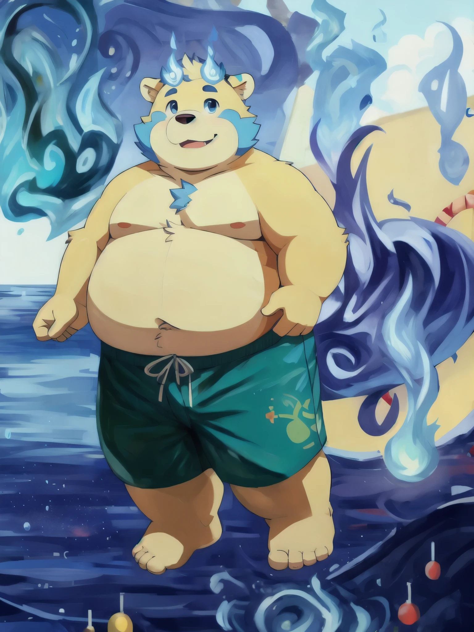 (masterpiece, best quality:1.2), xiaobo，furry，overweight，the whole body，foot，sea，swimming trunks，bare，naked，blue fire