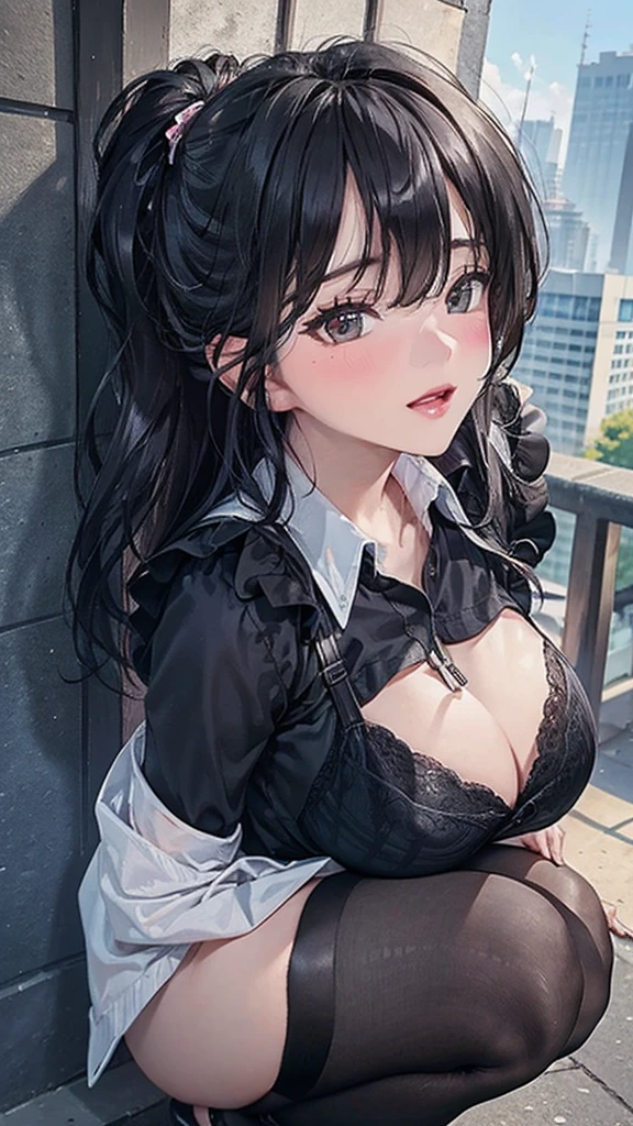 Girl in summer clothes, Loud bangs、White blouse and black plaid skirt, Squatting on the ground, Looking straight ahead, Black stockings or long stockings, Make it as if she wants to kiss you, View from the Viewer, Close-up photos, medium breasts, Cityscape, flirtatious look, ((Very detailed)), (Perfectly detailed face), (Well detailed hands), (Well detailed hands) Photorealistic images.、Big Breasts:1.2