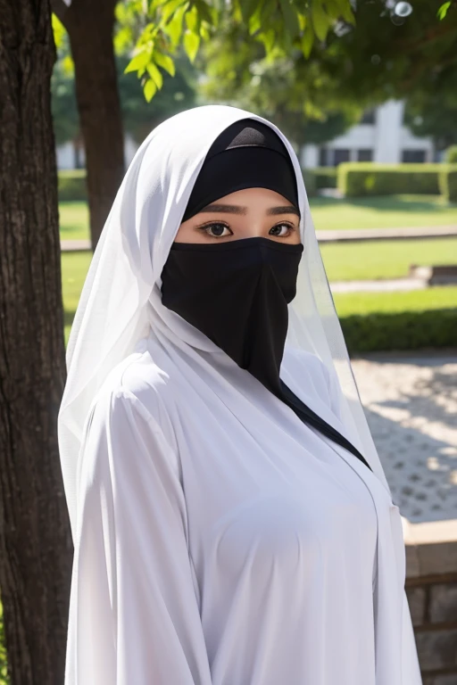 She wears a veil that hides her face.white black Muslim clothes 、Eyes are hidden, big breast