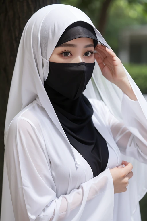 She wears a veil that hides her face.white black Muslim clothes 、Eyes are hidden, big breast