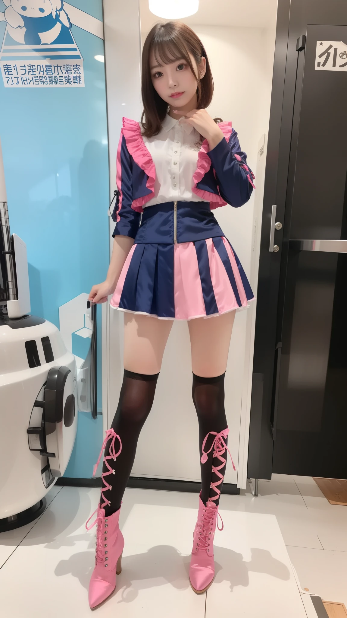 Costume like a idol, blue and white half sleeve Jacket, pink satin ruffled blouse, White and pink stripe pleated skirt, white lace up boots