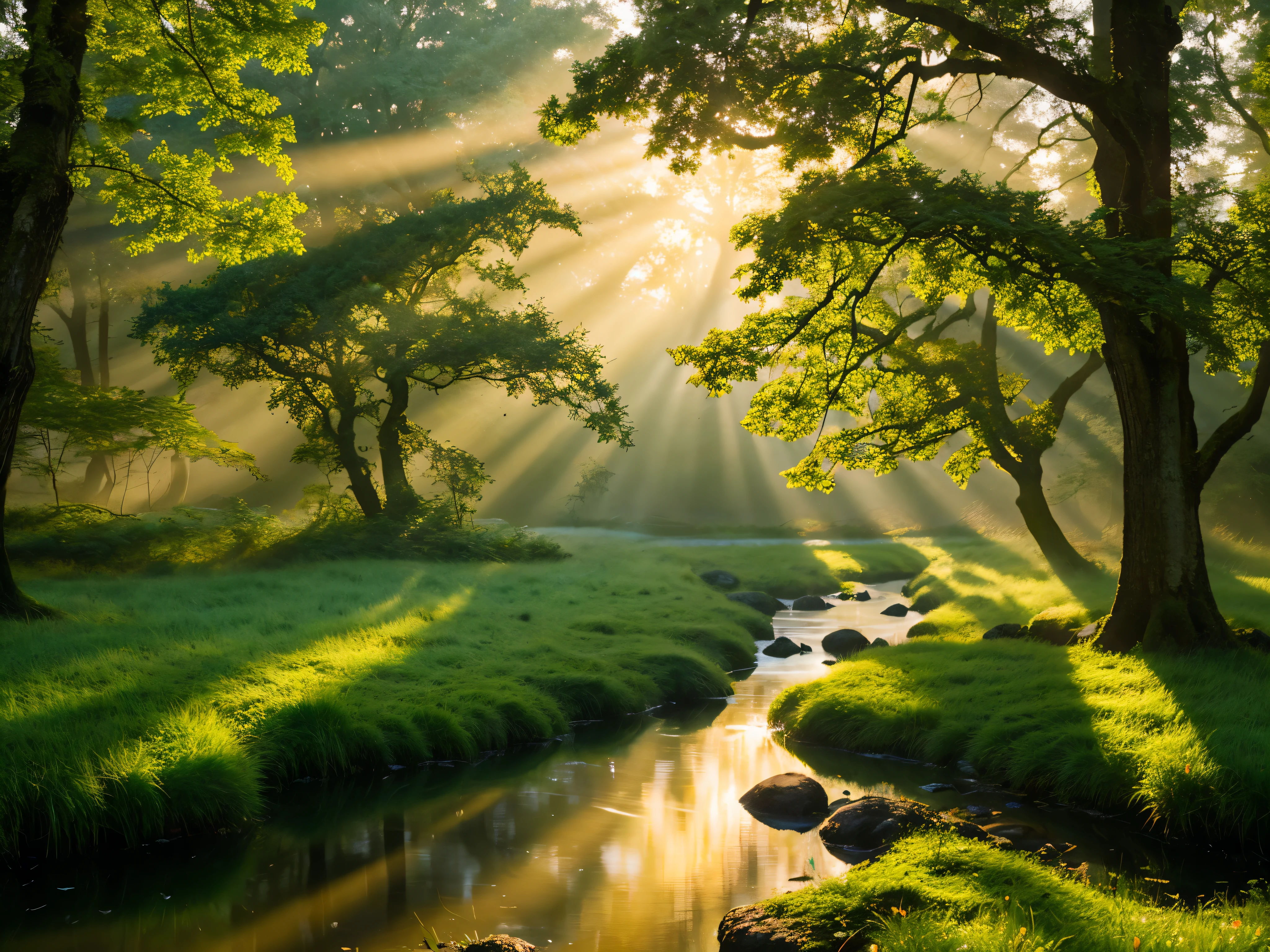 Create an image depicting a serene woodland scene at dawn, where a tranquil stream meanders through the trees, illuminated by the soft light of the rising sun, with gentle mist lingering above the water's surface.