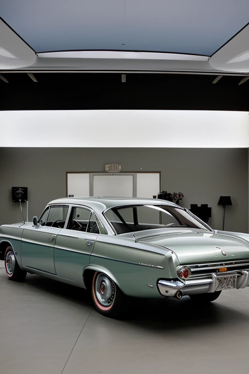 1 car, 1960s style, luxury sedan, rear view, fantasy, futuristic