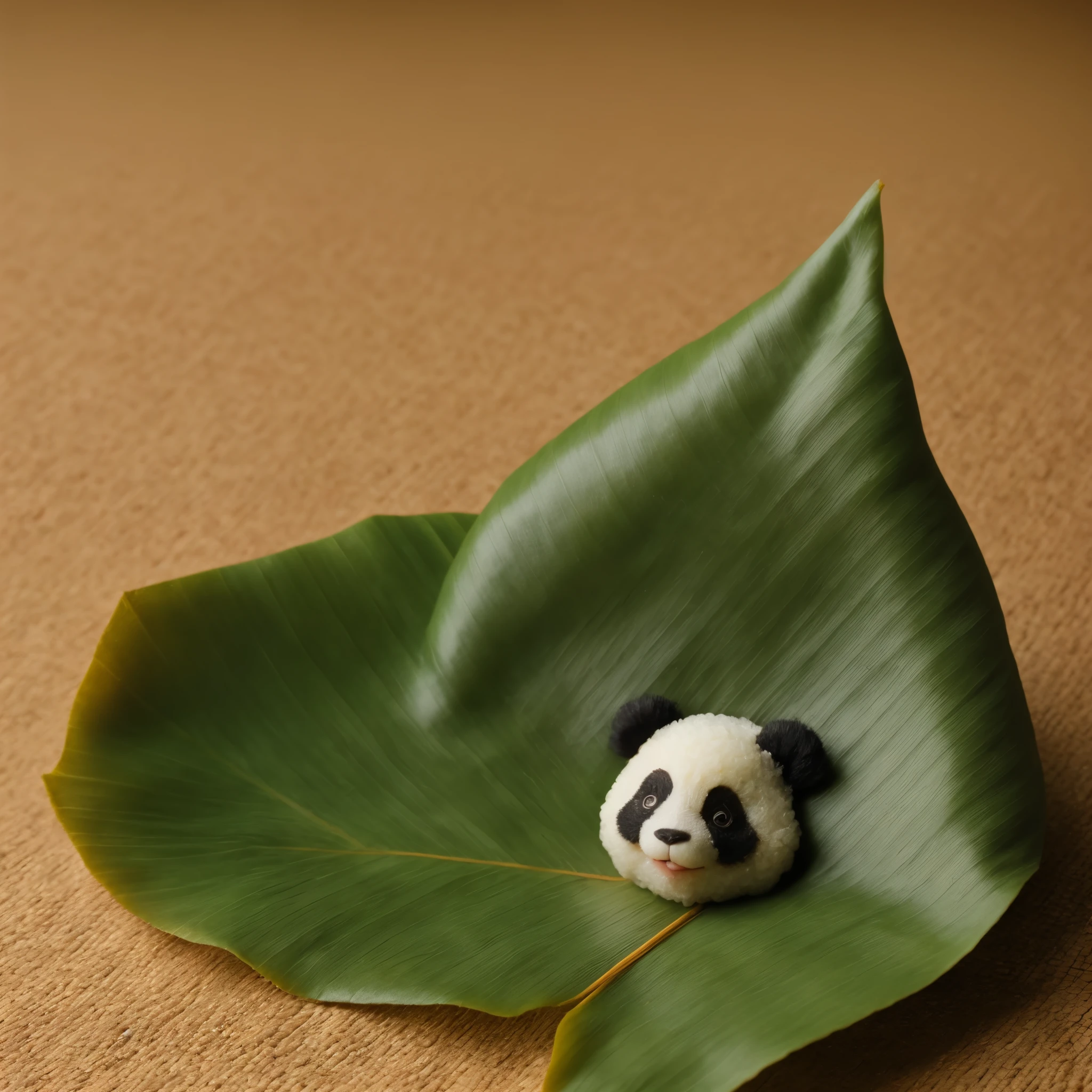 A panda-shaped zongzi, made of glutinous rice, has a cute expression, the lower half of the body is wrapped in tapered leaves, the head sticking out of the leaves, equidistant, cartoon-style, Macro Lens, studio light, nature, soft lighting, film grain, cowboy shot, epiCPhoto