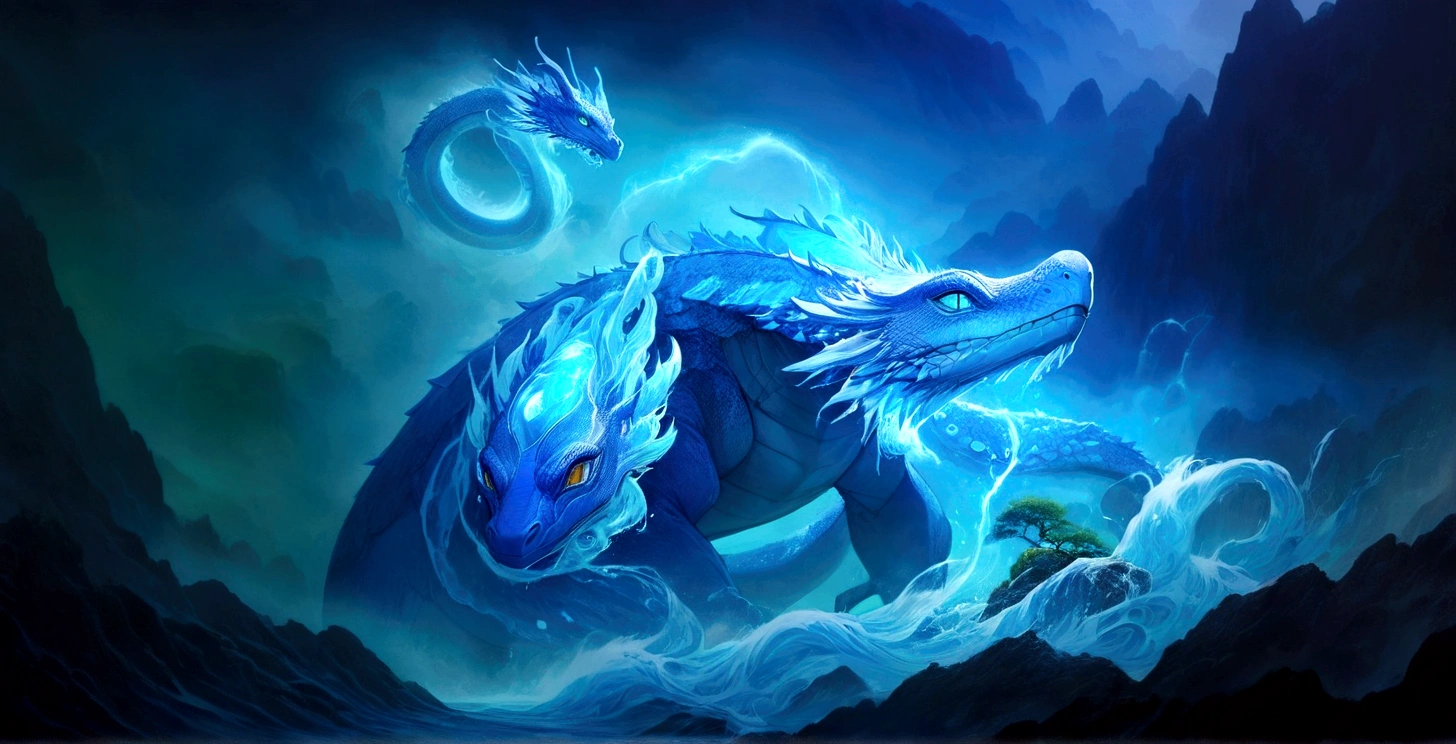 The giant turtle with a dragon head and a snake tail has many sharp spikes on its shell, controlling the power of water,there is a blue dragon with a white tail and a body with a turtle shell, crystal dragon, mist dragon, water dragon, cyan Chinese dragon, metallic water element, crystalline scales, water element, sea snake, elemental glowing water, serpentine water monster, icy , blue dragon, theme: 'icewind dale', storm dragon, blue scaled dragon
