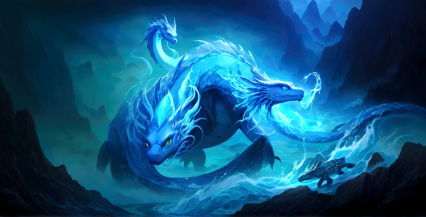 The giant turtle with a dragon head and a snake tail has many sharp spikes on its shell, controlling the power of water,there is a blue dragon with a white tail and a body with a turtle shell, crystal dragon, mist dragon, water dragon, cyan Chinese dragon, metallic water element, crystalline scales, water element, sea snake, elemental glowing water, serpentine water monster, icy , blue dragon, theme: 'icewind dale', storm dragon, blue scaled dragon