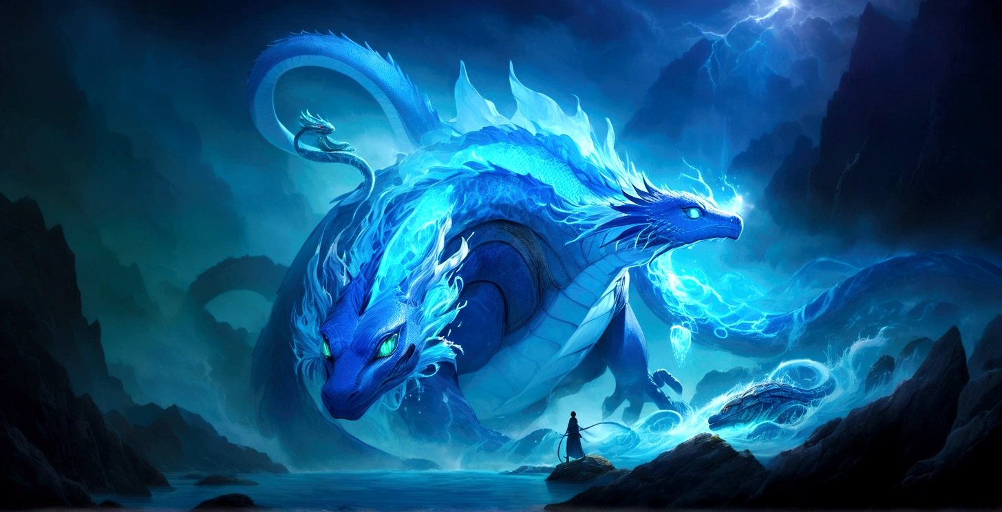 The giant turtle with a dragon head and a snake tail has many sharp spikes on its shell, controlling the power of water,there is a blue dragon with a white tail and a body with a turtle shell, crystal dragon, mist dragon, water dragon, cyan Chinese dragon, metallic water element, crystalline scales, water element, sea snake, elemental glowing water, serpentine water monster, icy , blue dragon, theme: 'icewind dale', storm dragon, blue scaled dragon
