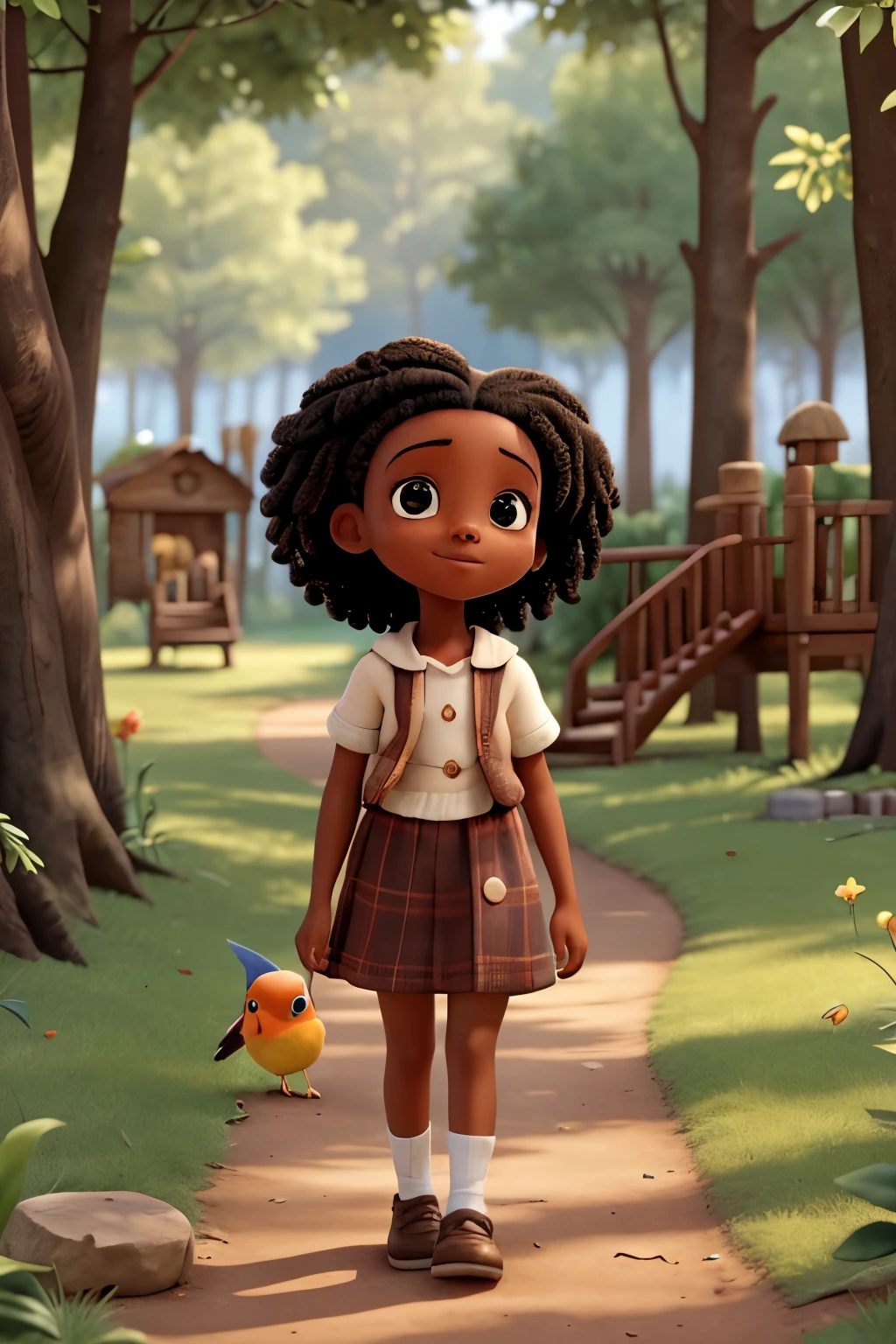 One sunny morning, Maria, a curious black girl, decided to explore the enchanted forest that surrounded her playground. As he walked through the trees, his eyes caught on something on the ground. With cautious steps, she moved and discovered a beautiful little bird with a broken wing. Moved with compassion, Mary took him and kept him and took him home to take care of him until he was cured.
