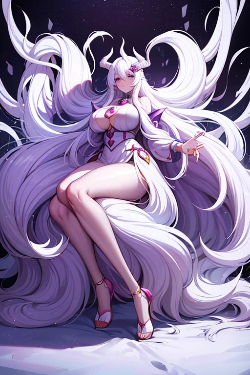 Cartoon drawing of a woman with long hair and horns, White-haired God, Full Body Commission, A strong and plump female magician, , Full-body portrait of an elementalist, Dark magician full body pose, Anime female full body art, Anime full body illustration, Full-body white and purple cloak, High resolution consignment