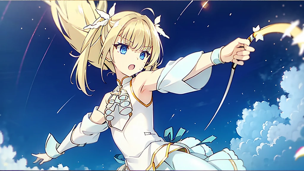 masterpiece，best quality，Demure and elegant girl，Blonde hair and blue eyes，White tuxedo，Holding a bow and arrow，Star Trails，Pegasus Power，Star Hunting，