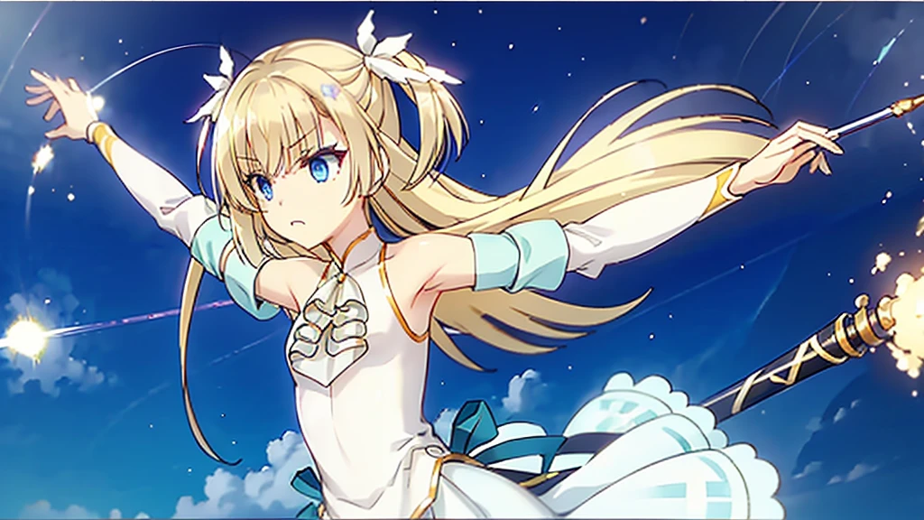 masterpiece，best quality，Demure and elegant girl，Blonde hair and blue eyes，White tuxedo，Holding a bow and arrow，Star Trails，Pegasus Power，Star Hunting，