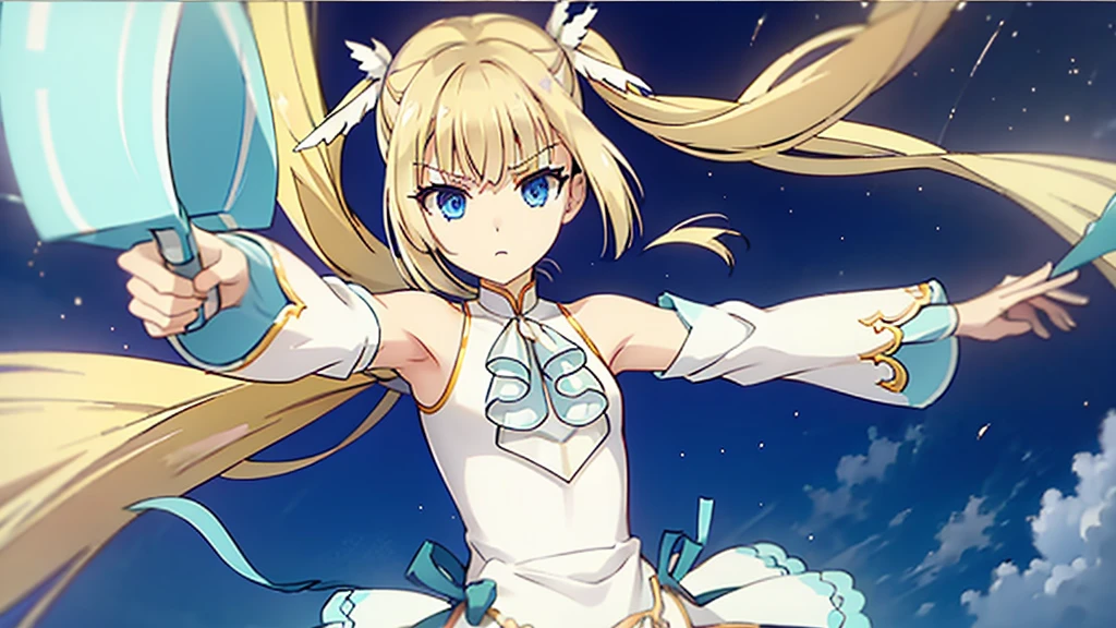 masterpiece，best quality，Demure and elegant girl，Blonde hair and blue eyes，White tuxedo，Holding a bow and arrow，Star Trails，Pegasus Power，Star Hunting，