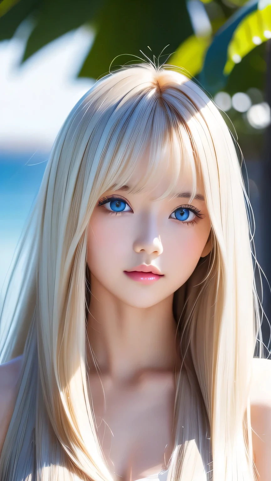 Shiny, clear, white skin、Windy hair gets in the way of a pretty face、Colossal、20 years old cute sexy little beautiful face、Beautiful straight hair that stands out、grow, Light blue eyes、Cute long silky bangs covering her eyes, Sexy face hiding hair super long hair sexy cute young woman long natural blonde shiny glossy hair