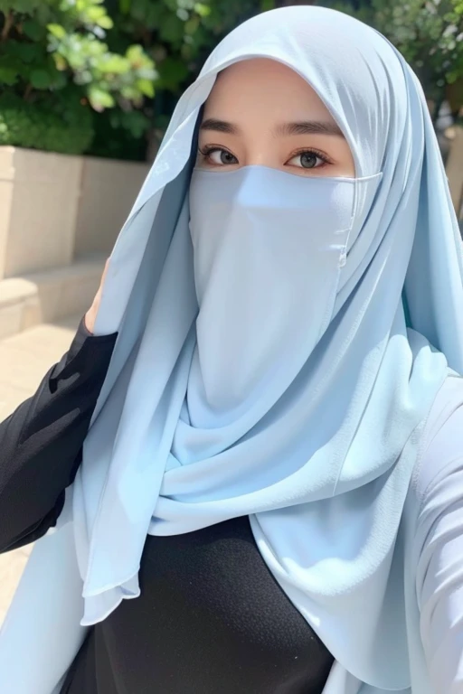 She wears a veil that hides her face.white black Muslim clothes 、Eyes are hidden, open big breast,