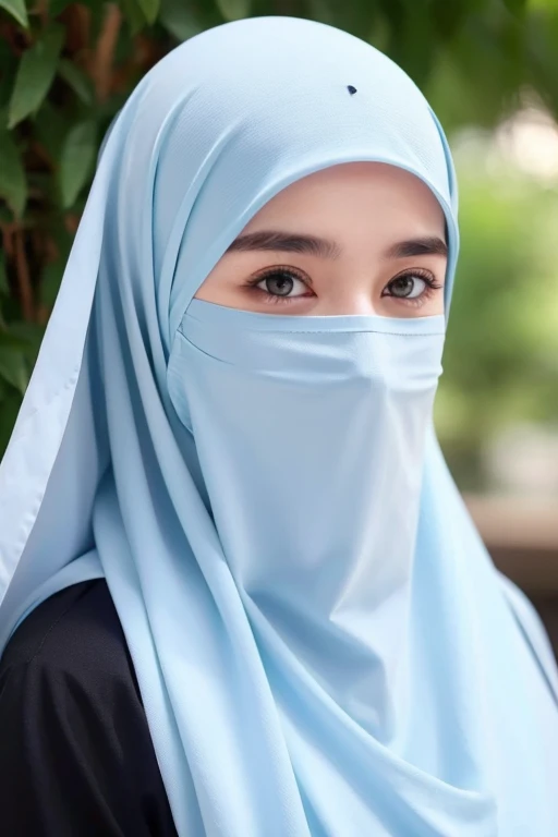 She wears a veil that hides her face.white black Muslim clothes 、Eyes are hidden, open big breast,
