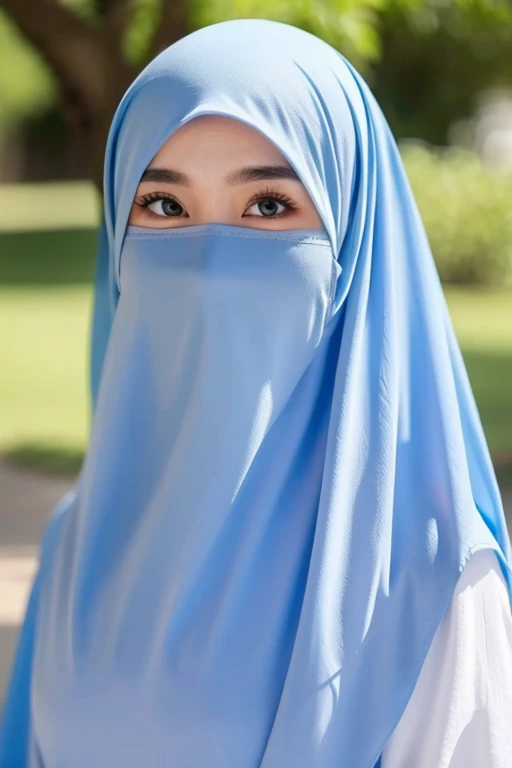 She wears a veil that hides her face.white black Muslim clothes 、Eyes are hidden, open big breast, 
