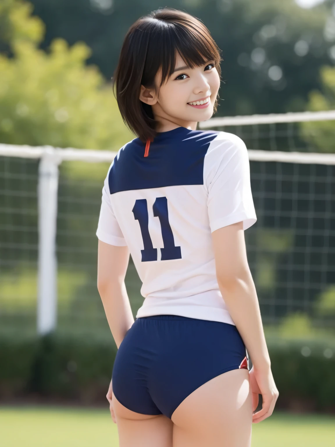 1 girl, alone, Ten generations, , white, cute, beautiful, wearing a volleyball uniform, navy blue and white colour on the outfit, white t-shirt, Navy blue high-leg bloomers, masterpiece, high quality, dark brown short hair, bangs, smile, sweet, sunny morning, outdoor, Stand and pose romantically, sexy, upturned butt,