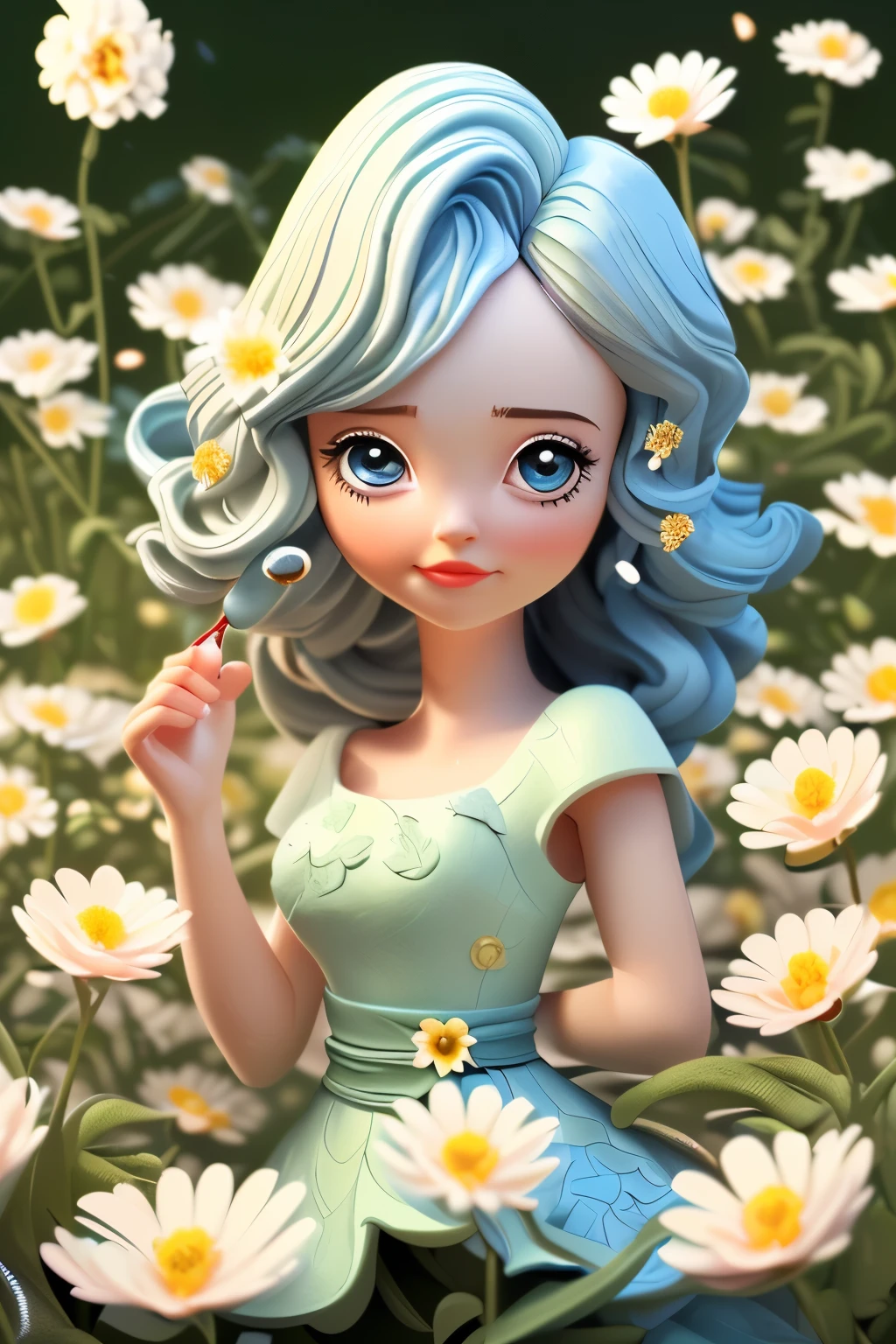 1girl, highly detailed, photorealistic, adorable chibi girl, holding a daisy in her left hand, plucking the petals of the daisy with her right hand, beautiful detailed eyes, beautiful detailed lips, extremely detailed face and hair, intricate floral dress, soft lighting, delicate petals, serene expression, pastoral garden background, vibrant colors, cinematic composition, masterpiece, (best quality,4k,8k,highres,masterpiece:1.2),ultra-detailed,(realistic,photorealistic,photo-realistic:1.37)